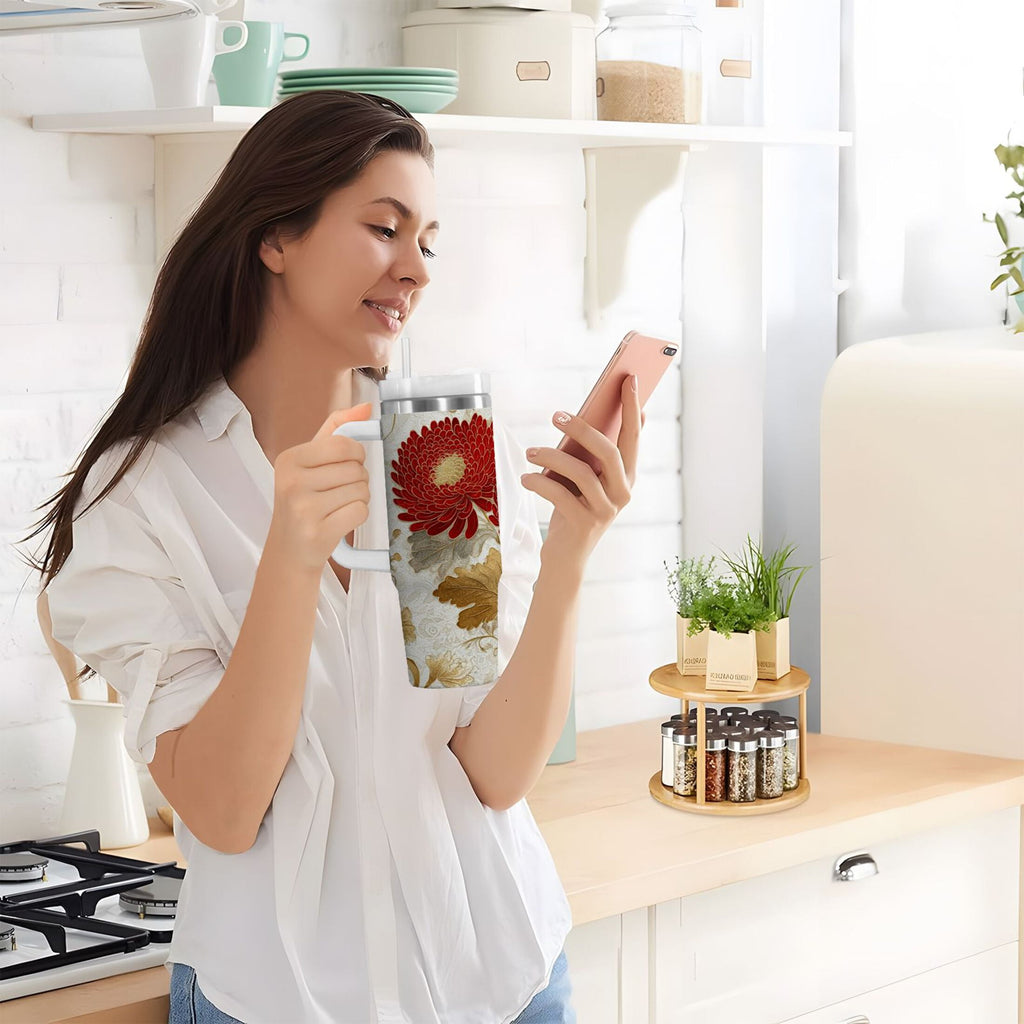 30 oz Insulated Stainless Steel Tumbler Double Wall Stainless Steel Tumbler with 2-Way Drinking Red Chrysanthemum Pattern - Pick 125