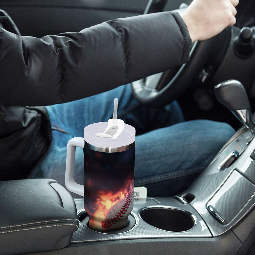 40 oz Insulated Stainless Steel Tumbler Double Wall Stainless Steel Tumbler with 2-Way Drinking Baseball with Water and Fire - Pick 726