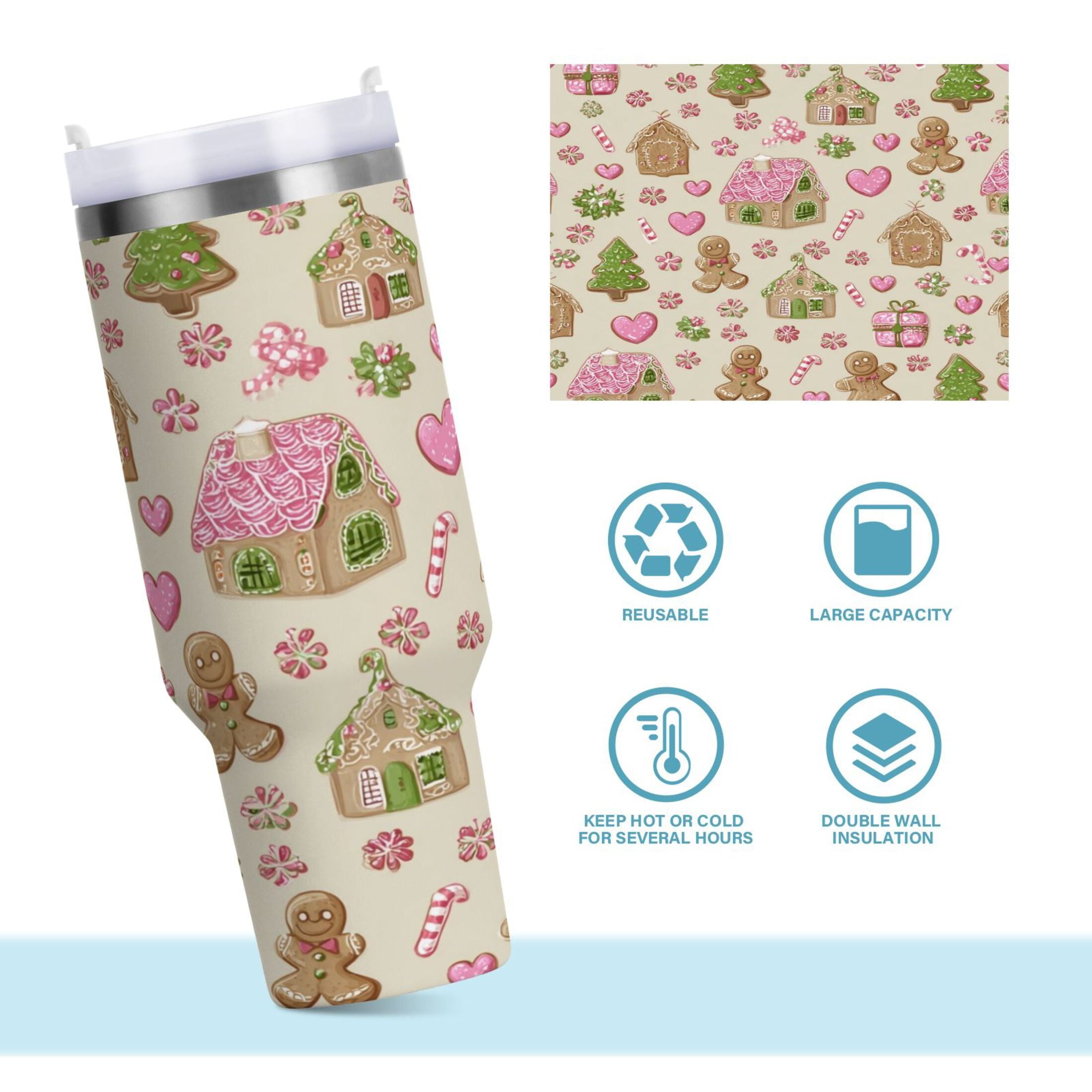 40 oz Insulated Stainless Steel Tumbler Double Wall Stainless Steel Tumbler with 2-Way Drinking Pink Cute Christmas Pattern - Pick 102