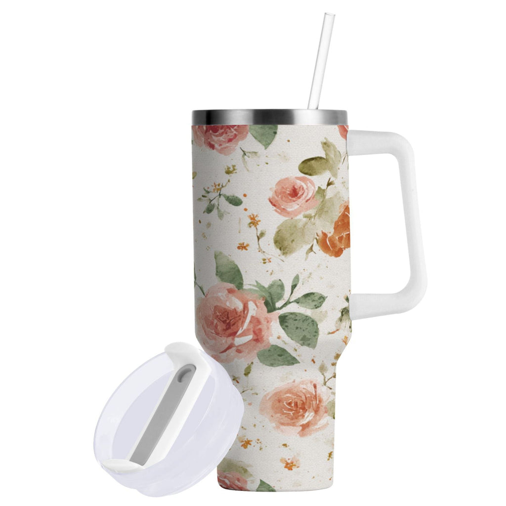 40 oz Insulated Stainless Steel Tumbler Double Wall Stainless Steel Tumbler with 2-Way Drinking Watercolor Rose Floral Pattern - Pick 229
