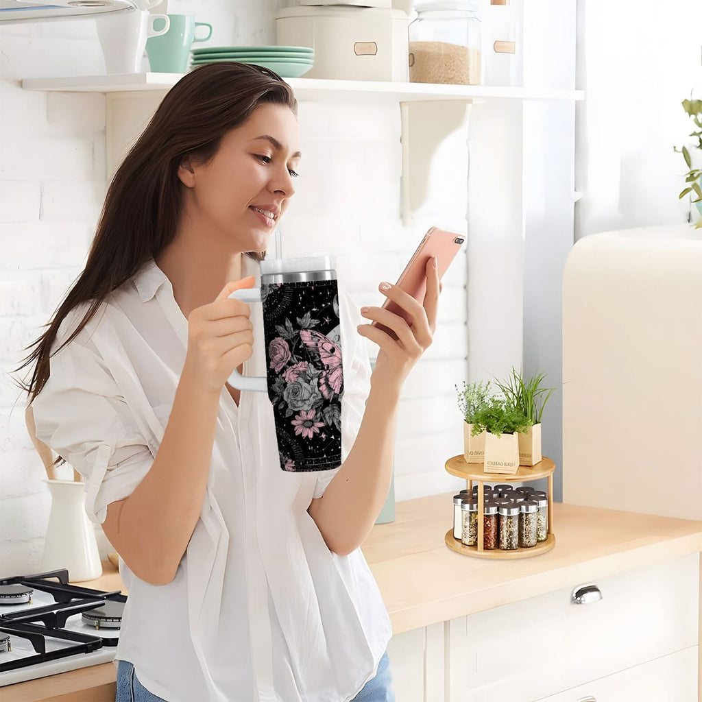 30 oz Insulated Stainless Steel Tumbler Double Wall Stainless Steel Tumbler with 2-Way Drinking Butterfly by Moon and Flowers - Pick 931