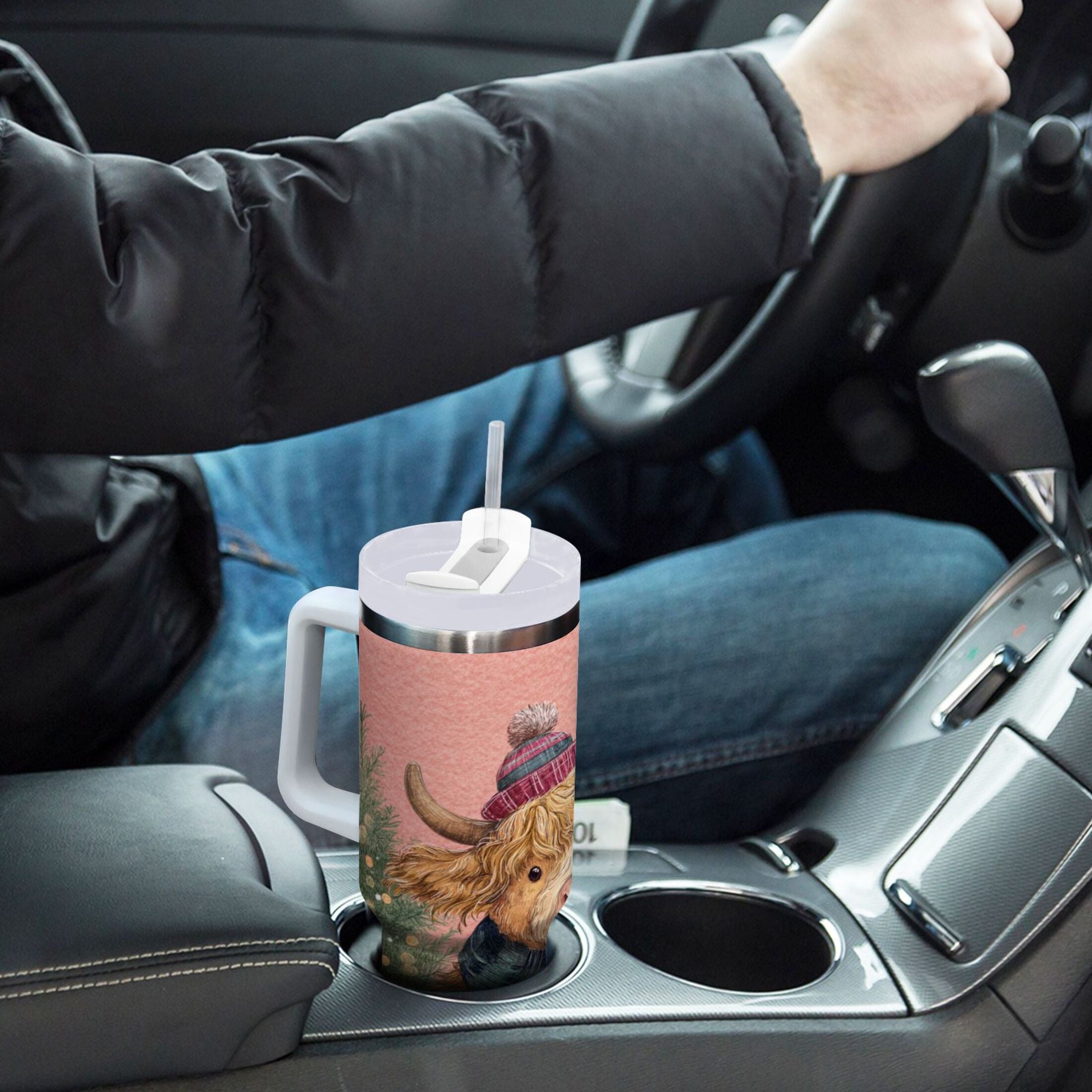 30 oz Insulated Stainless Steel Tumbler Double Wall Stainless Steel Tumbler with 2-Way Drinking Cow Wearing Scarf and Hat - Pick 220