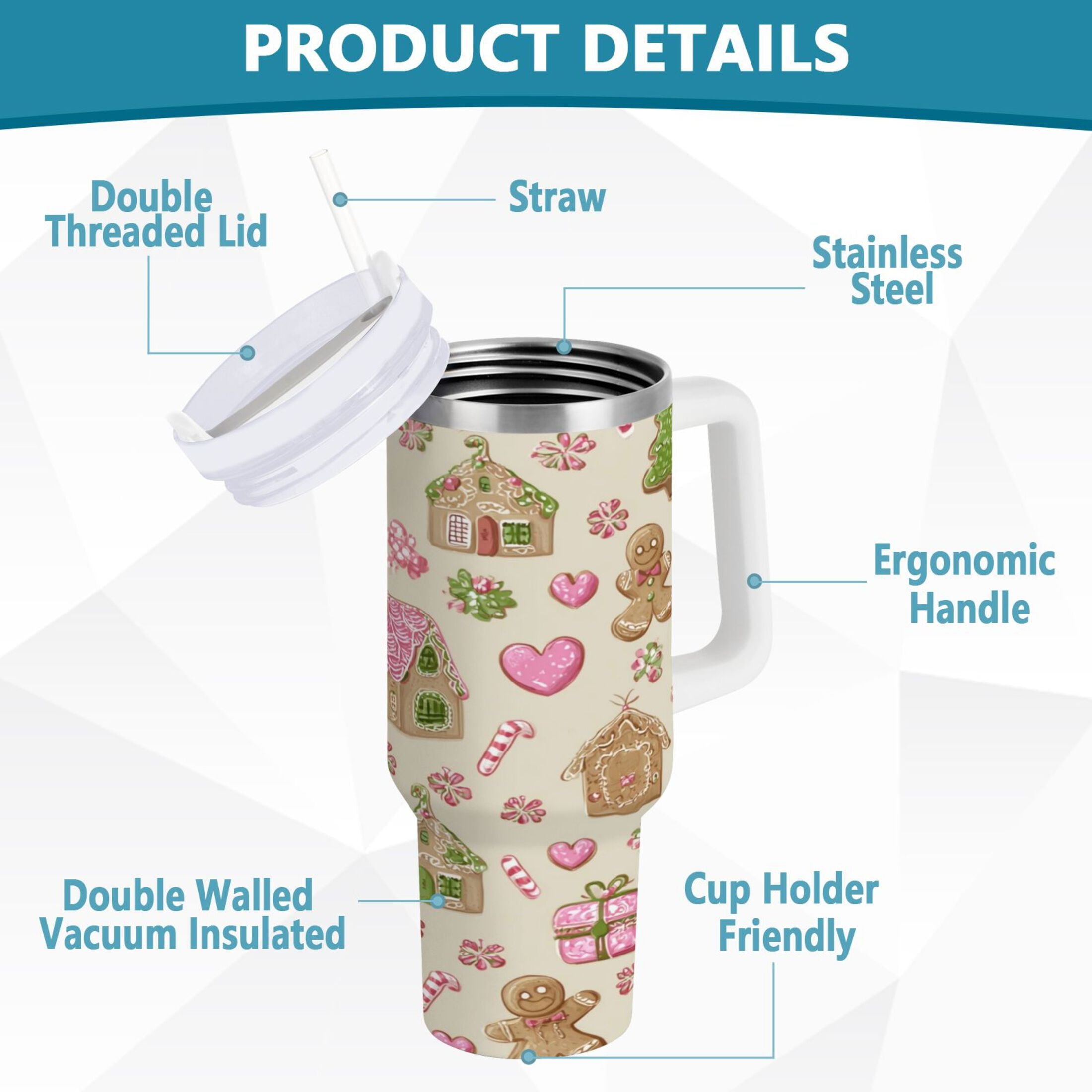40 oz Insulated Stainless Steel Tumbler Double Wall Stainless Steel Tumbler with 2-Way Drinking Pink Cute Christmas Pattern - Pick 102