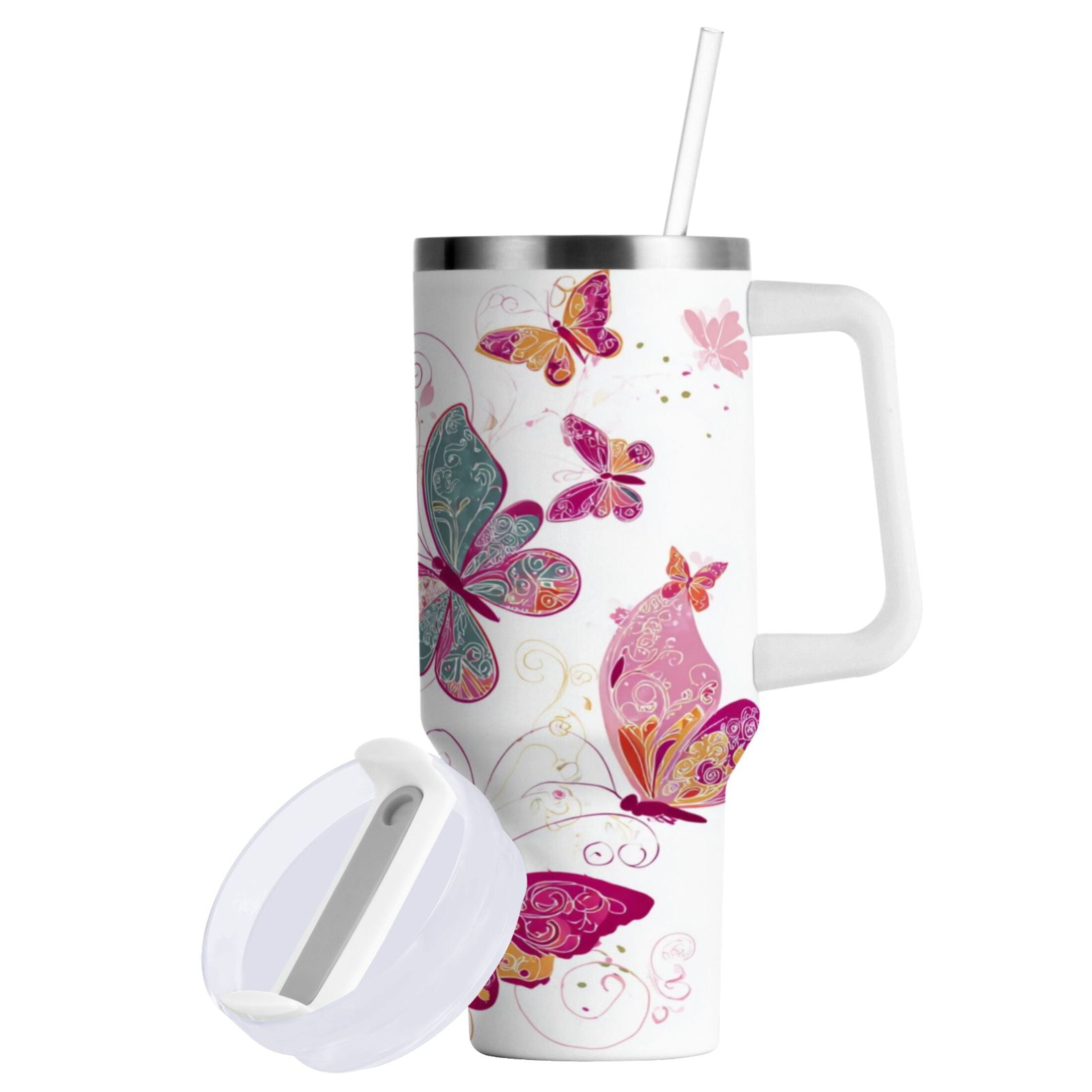 30 oz Insulated Stainless Steel Tumbler Double Wall Stainless Steel Tumbler with 2-Way Drinking Colorful Butterflies - Pick 547
