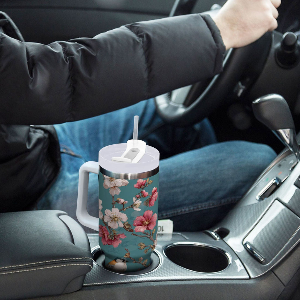30 oz Insulated Stainless Steel Tumbler Double Wall Stainless Steel Tumbler with 2-Way Drinking Birds and Cherry Pattern - Pick 725