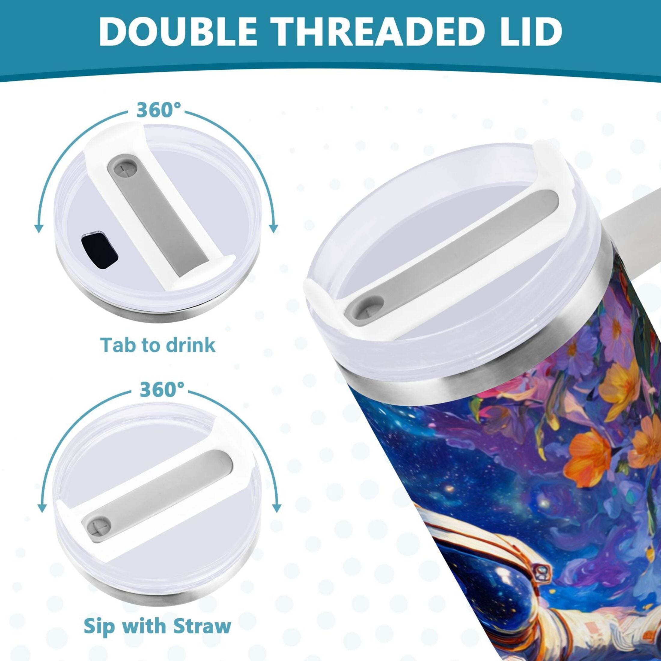 40 oz Insulated Stainless Steel Tumbler Double Wall Stainless Steel Tumbler with 2-Way Drinking Astronaut and Colorful Flowers - Pick 978