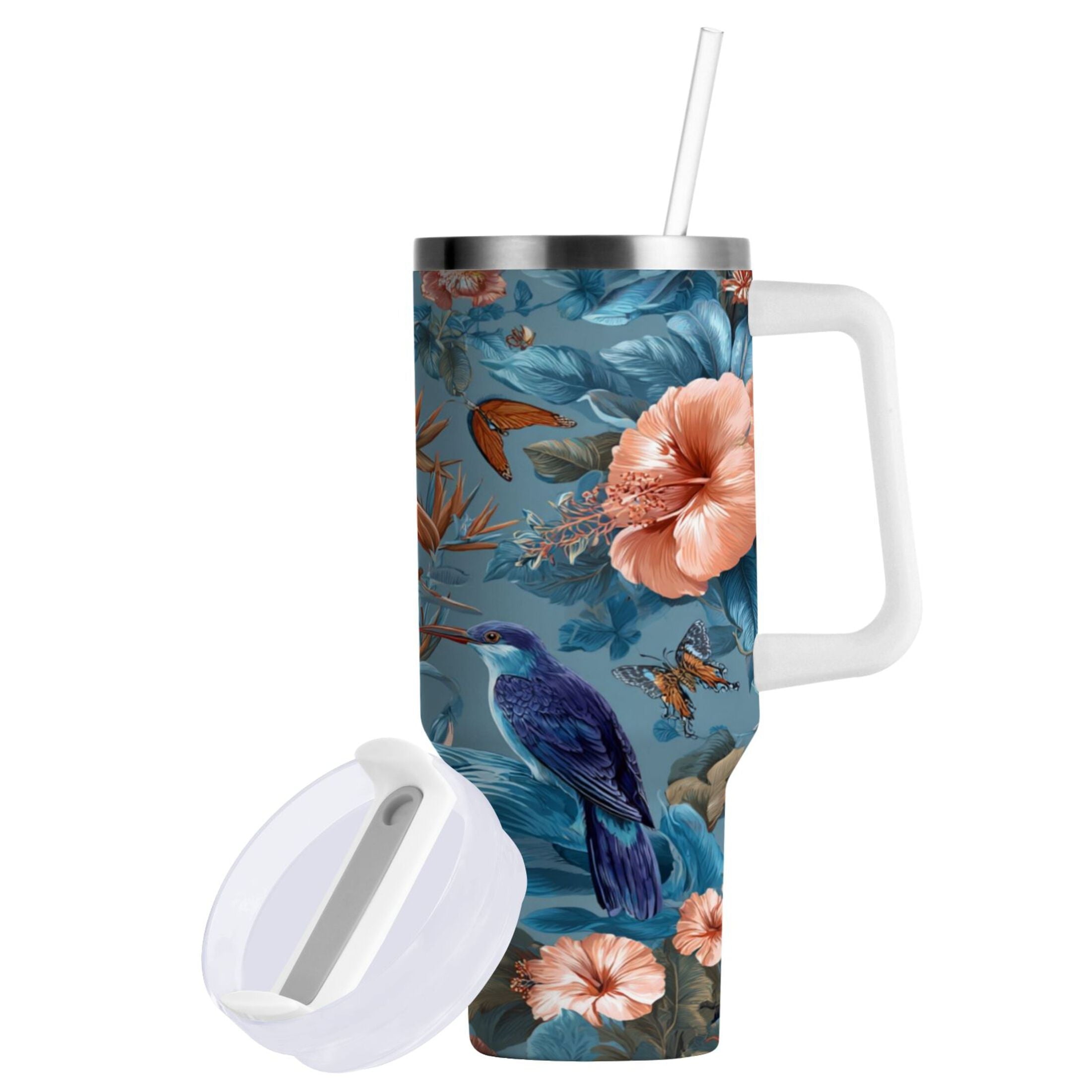 30 oz Insulated Stainless Steel Tumbler Double Wall Stainless Steel Tumbler with 2-Way Drinking Birds and Flowers - Pick 404