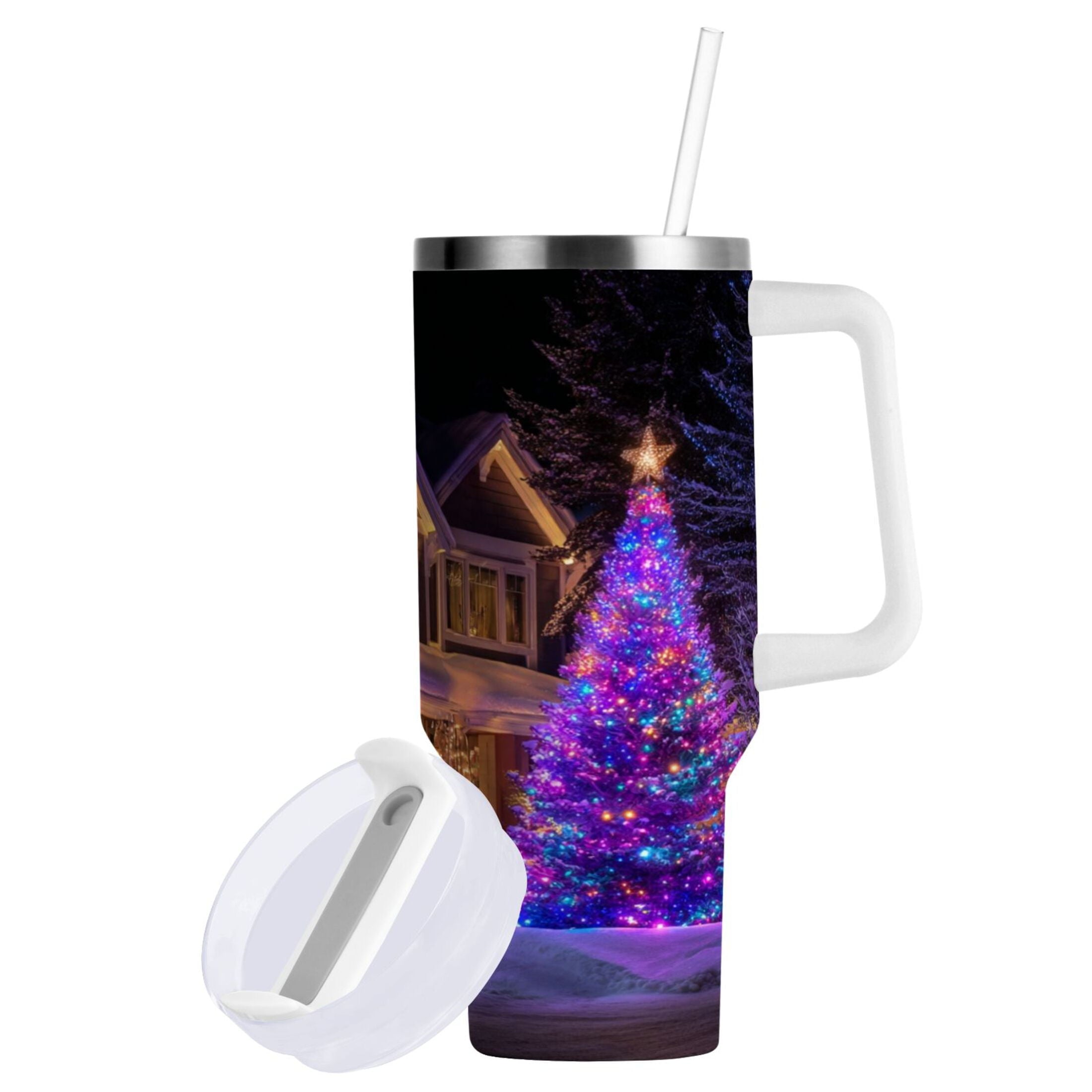 40 oz Insulated Stainless Steel Tumbler Double Wall Stainless Steel Tumbler with 2-Way Drinking Christmas Trees with Lights - Pick 867