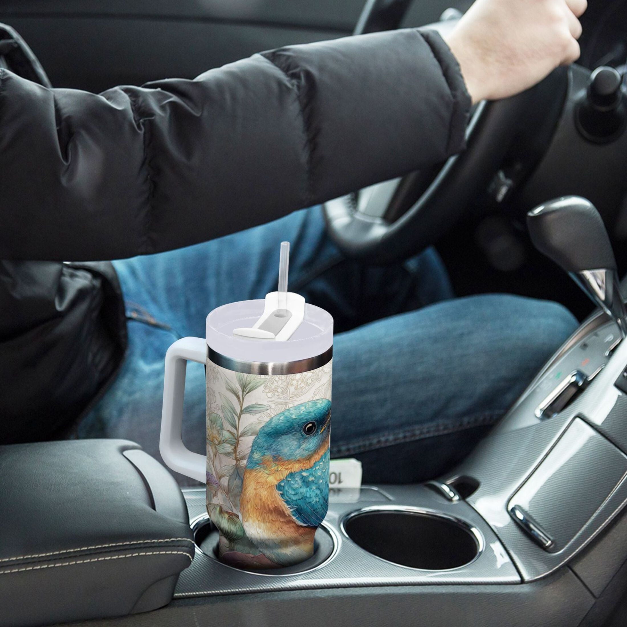 30 oz Insulated Stainless Steel Tumbler Double Wall Stainless Steel Tumbler with 2-Way Drinking Bluebird and Flower - Pick 579