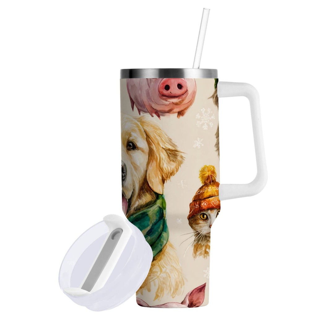 30 oz Insulated Stainless Steel Tumbler Double Wall Stainless Steel Tumbler with 2-Way Drinking Watercolor Animals Pattern - Pick 151