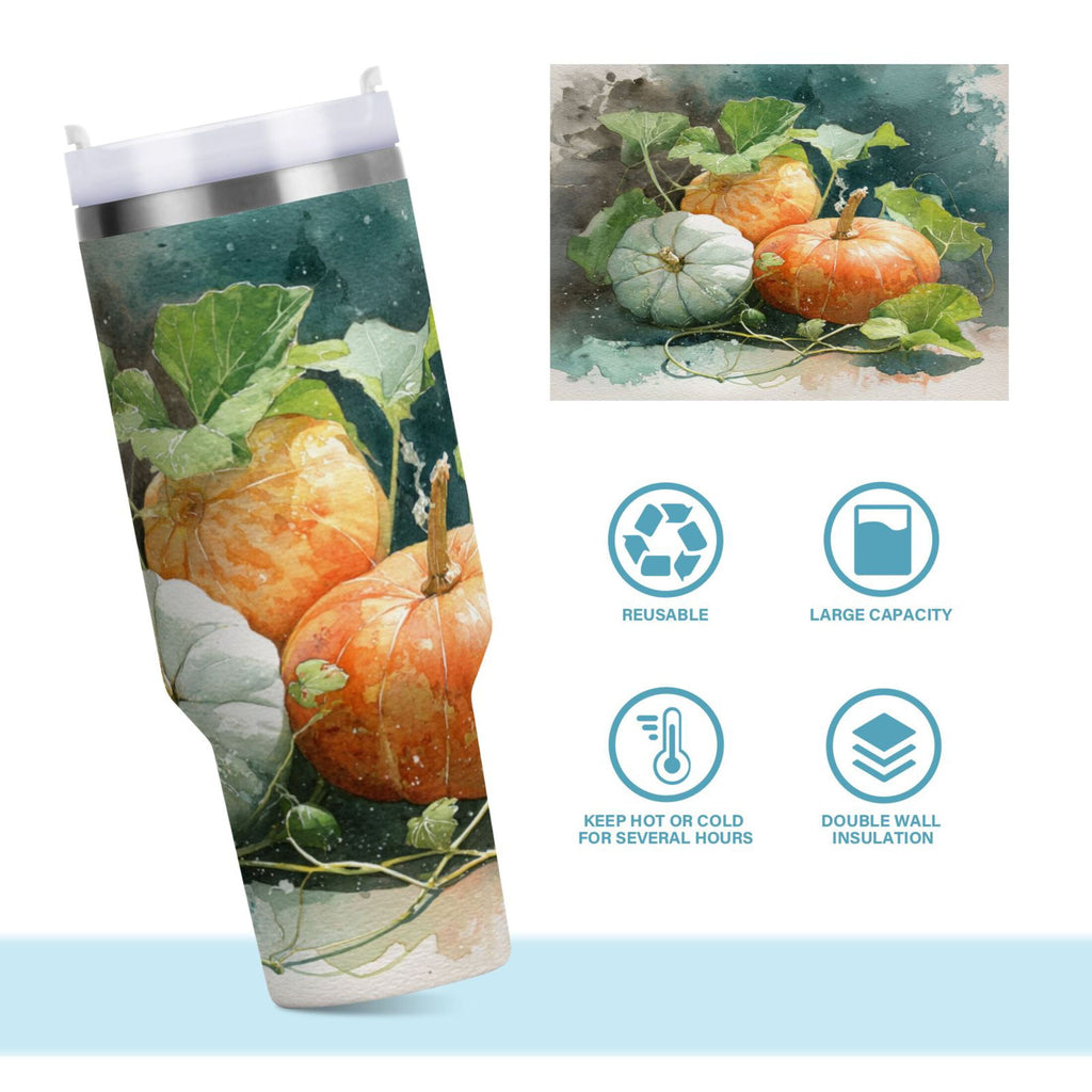 40 oz Insulated Stainless Steel Tumbler Double Wall Stainless Steel Tumbler with 2-Way Drinking Orange and White Pumpkins - Pick 970