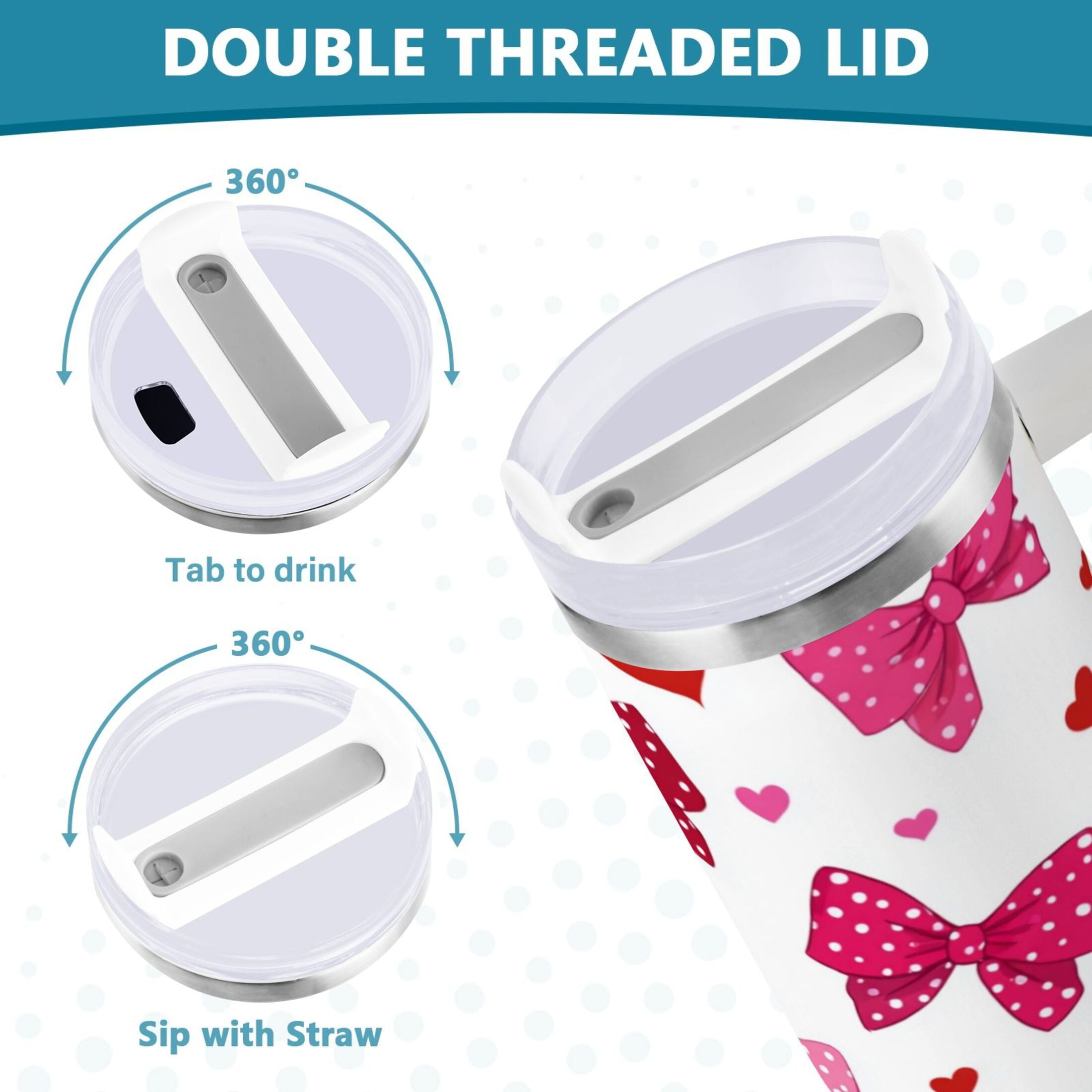30 oz Insulated Stainless Steel Tumbler Double Wall Stainless Steel Tumbler with 2-Way Drinking Red and Pink Bows - Pick 234