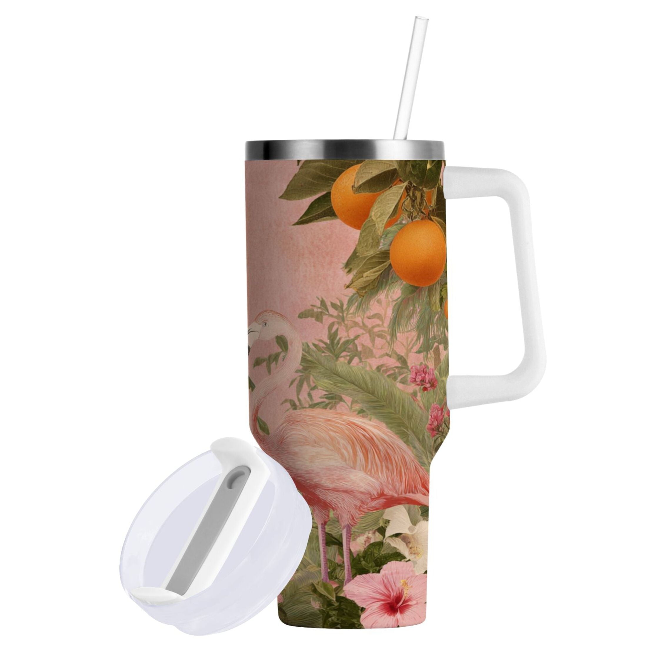 40 oz Insulated Stainless Steel Tumbler Double Wall Stainless Steel Tumbler with 2-Way Drinking Flamingos in Tropical Garden - Pick 352