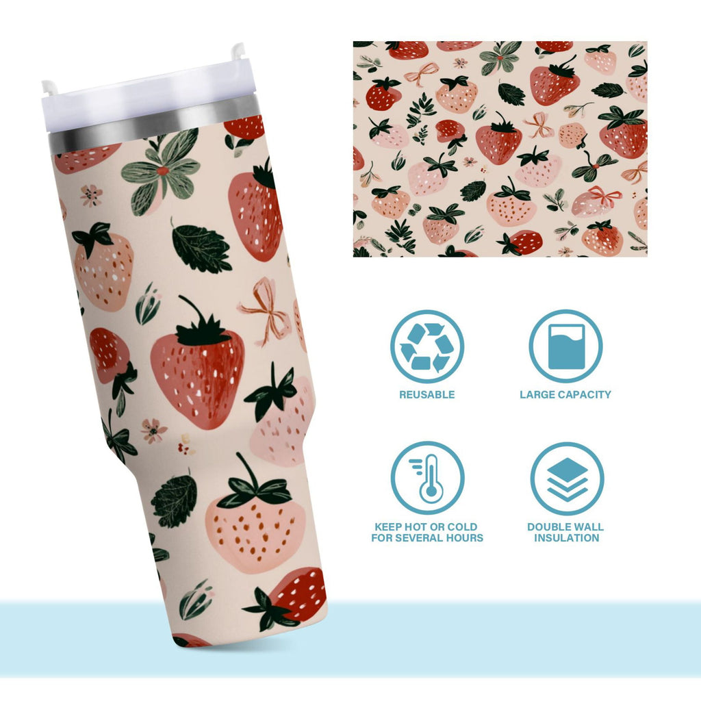 30 oz Insulated Stainless Steel Tumbler Double Wall Stainless Steel Tumbler with 2-Way Drinking Cute Pinks Strawberries - Pick 262