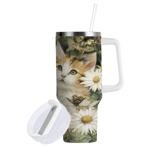 30 oz Insulated Stainless Steel Tumbler Double Wall Stainless Steel Tumbler with 2-Way Drinking Adorable Cats and Daisies - Pick 827
