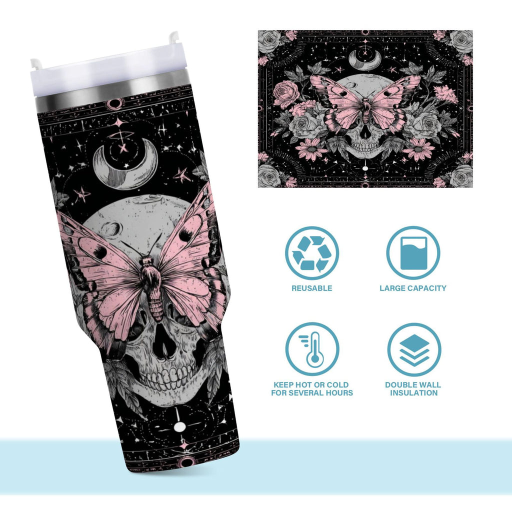 30 oz Insulated Stainless Steel Tumbler Double Wall Stainless Steel Tumbler with 2-Way Drinking Butterfly by Moon and Flowers - Pick 931