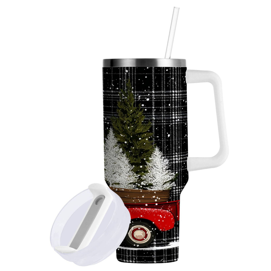 40 oz Insulated Stainless Steel Tumbler Double Wall Stainless Steel Tumbler with 2-Way Drinking Red Truck with Christmas Tree - Pick 636