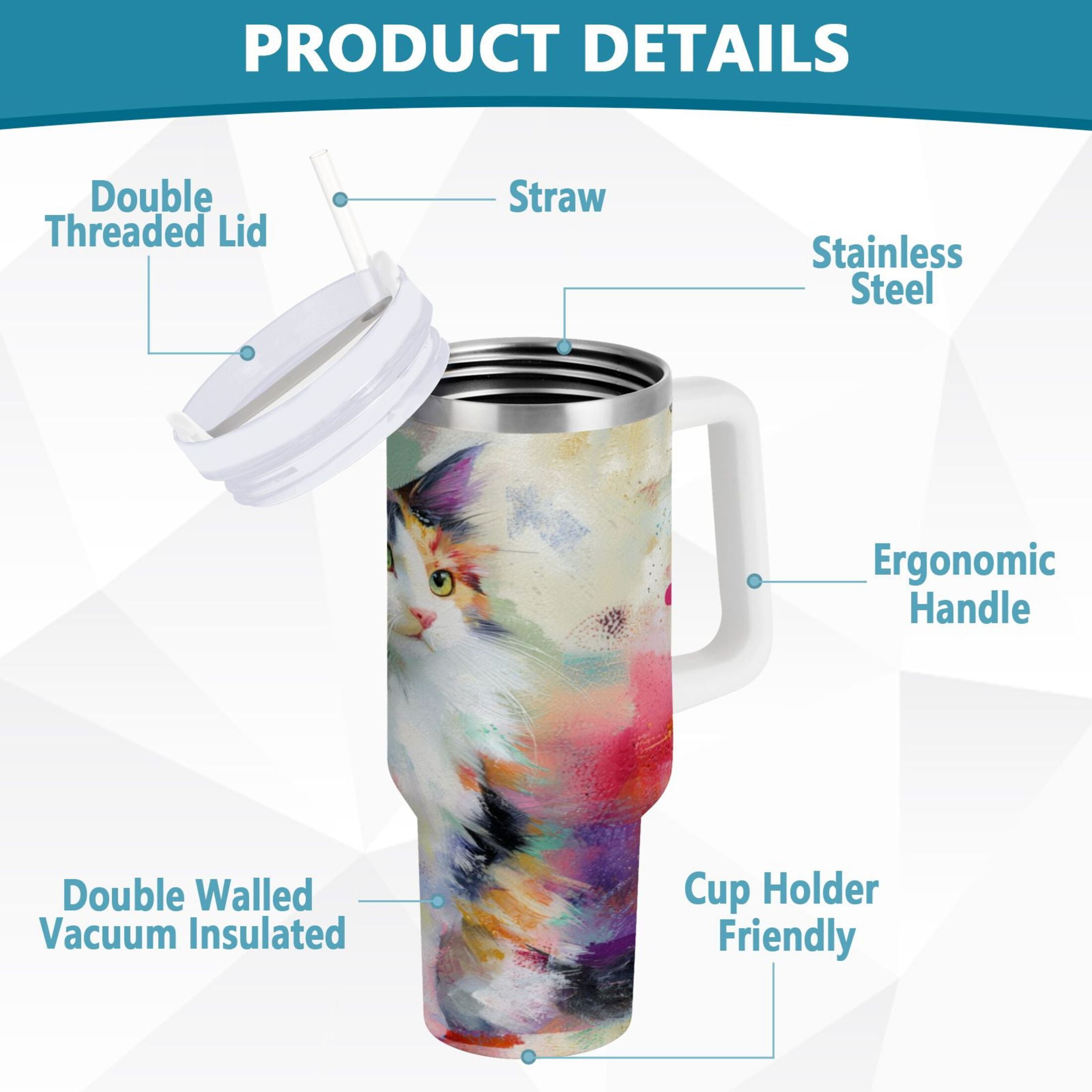 30 oz Insulated Stainless Steel Tumbler Double Wall Stainless Steel Tumbler with 2-Way Drinking Charming Hairy Cat - Pick 953