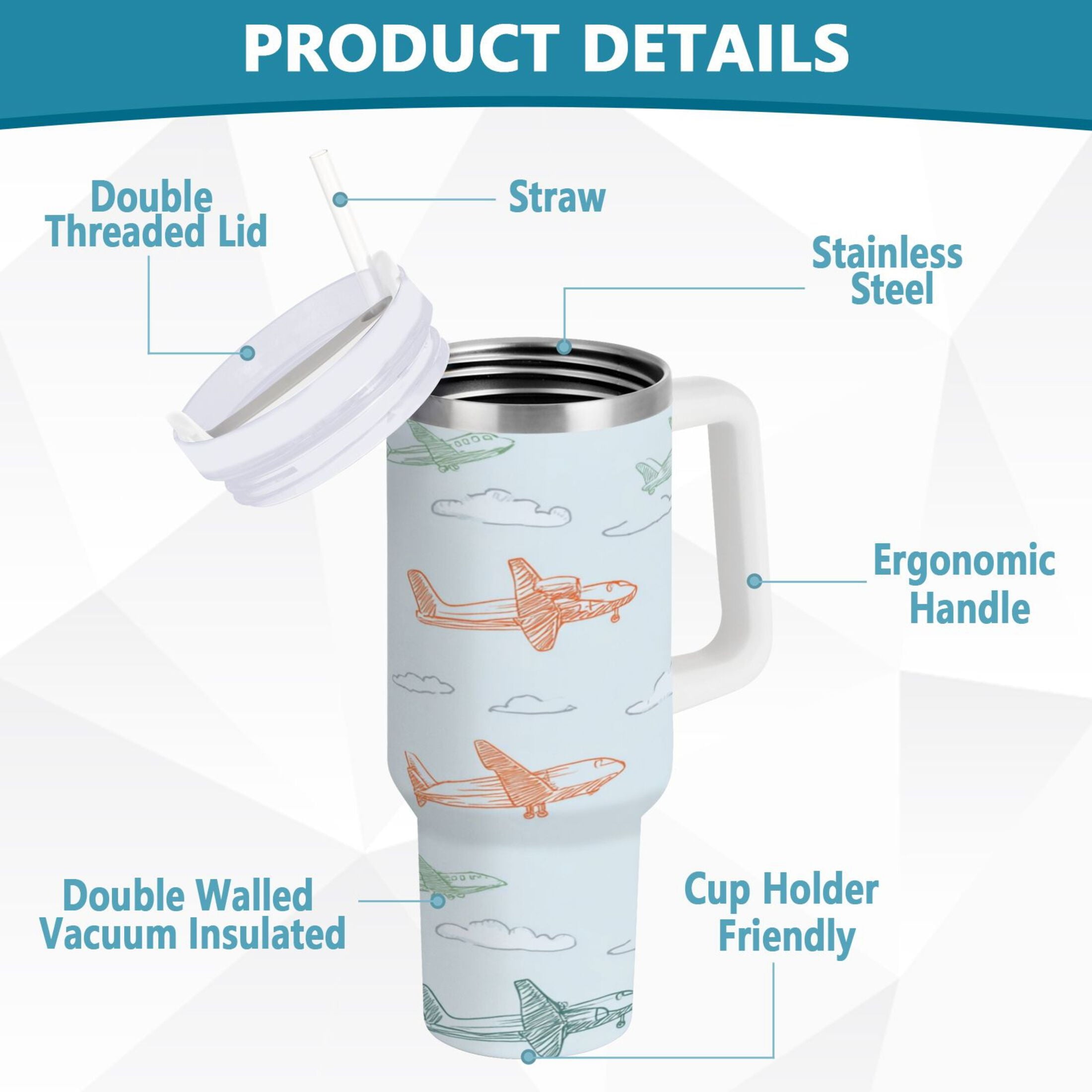 30 oz Insulated Stainless Steel Tumbler Double Wall Stainless Steel Tumbler with 2-Way Drinking Pastel Doodle Airplanes - Pick 332