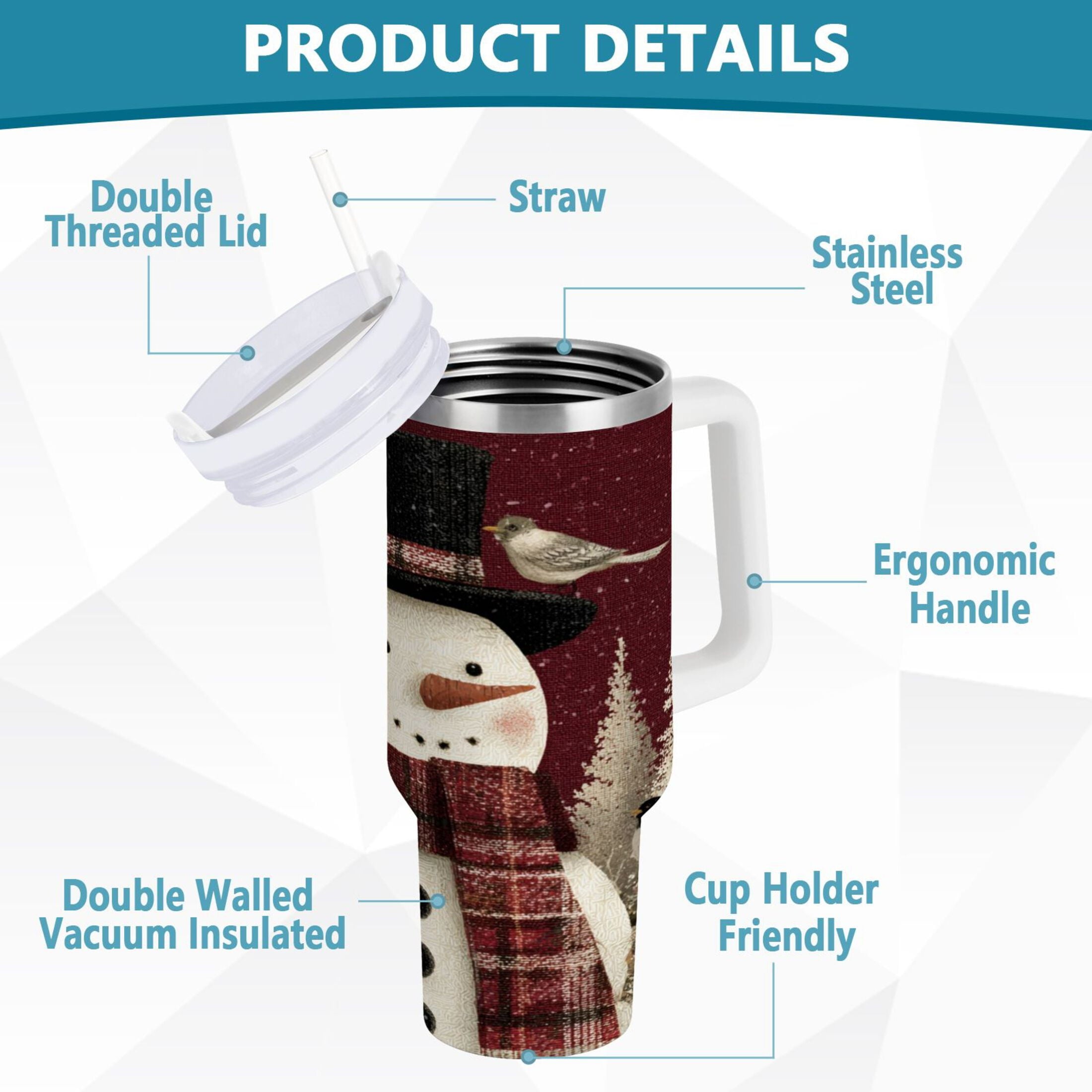 30 oz Insulated Stainless Steel Tumbler Double Wall Stainless Steel Tumbler with 2-Way Drinking Snowman and Birds - Pick 548