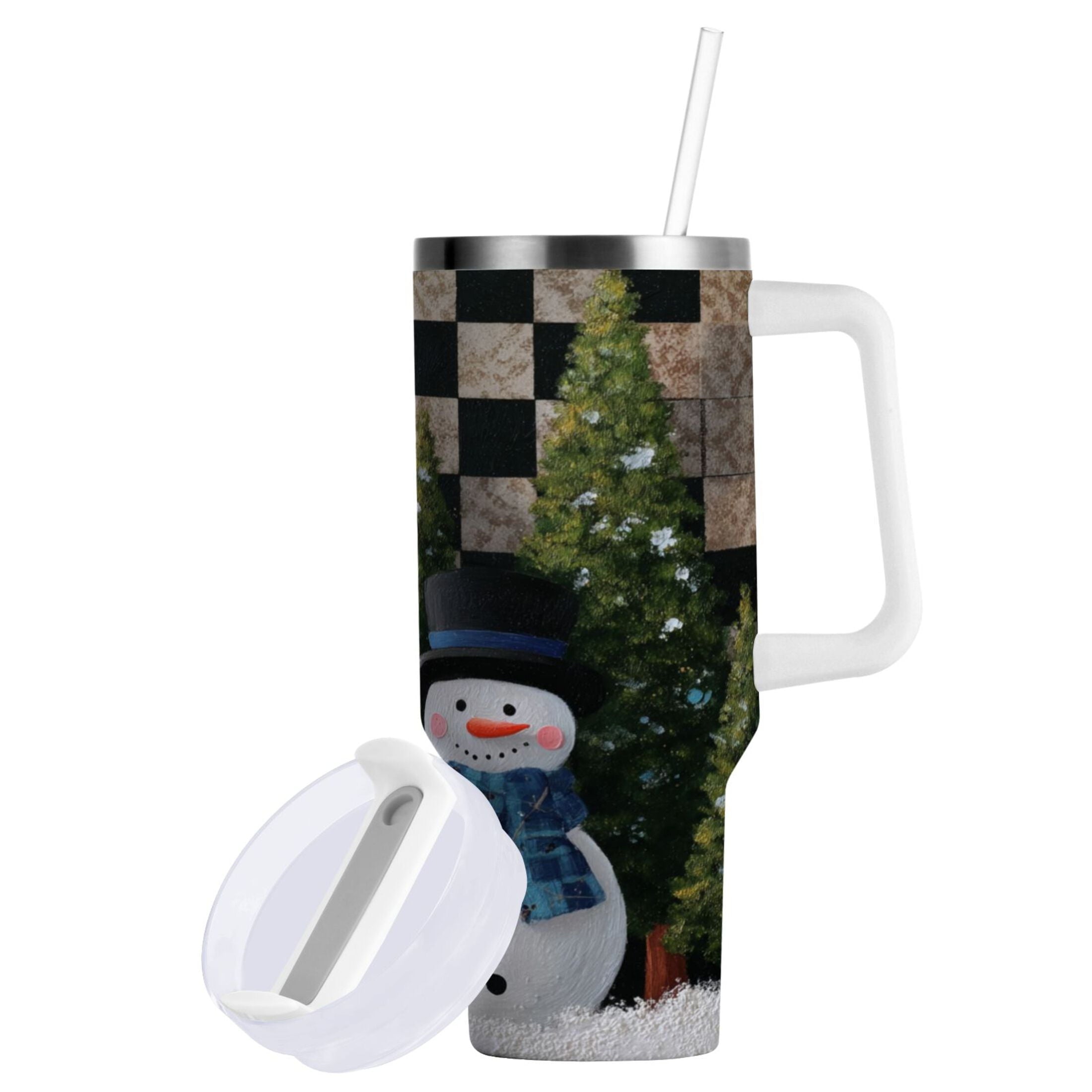 30 oz Insulated Stainless Steel Tumbler Double Wall Stainless Steel Tumbler with 2-Way Drinking Two Snowmen Pattern - Pick 336
