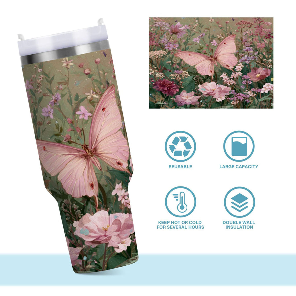 30 oz Insulated Stainless Steel Tumbler Double Wall Stainless Steel Tumbler with 2-Way Drinking Delicate Butterfly - Pick 770