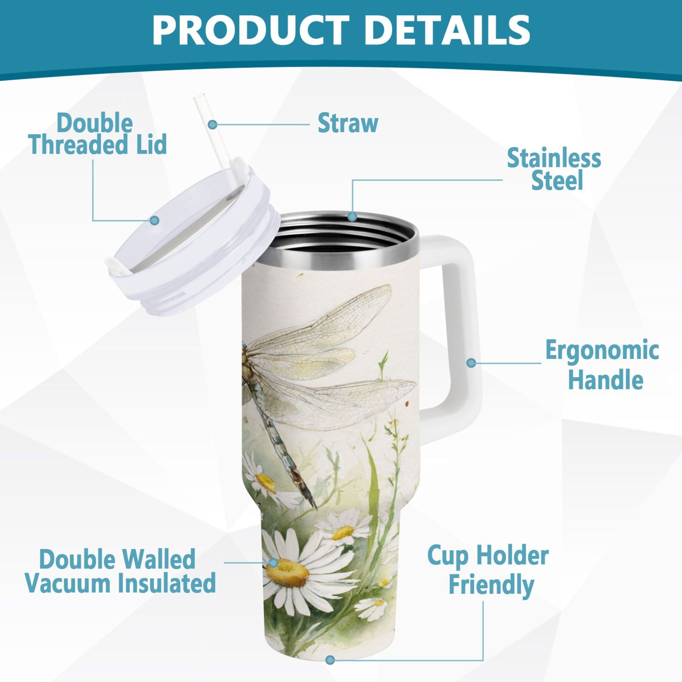 30 oz Insulated Stainless Steel Tumbler Double Wall Stainless Steel Tumbler with 2-Way Drinking Dragonflies with White Daisies - Pick 586