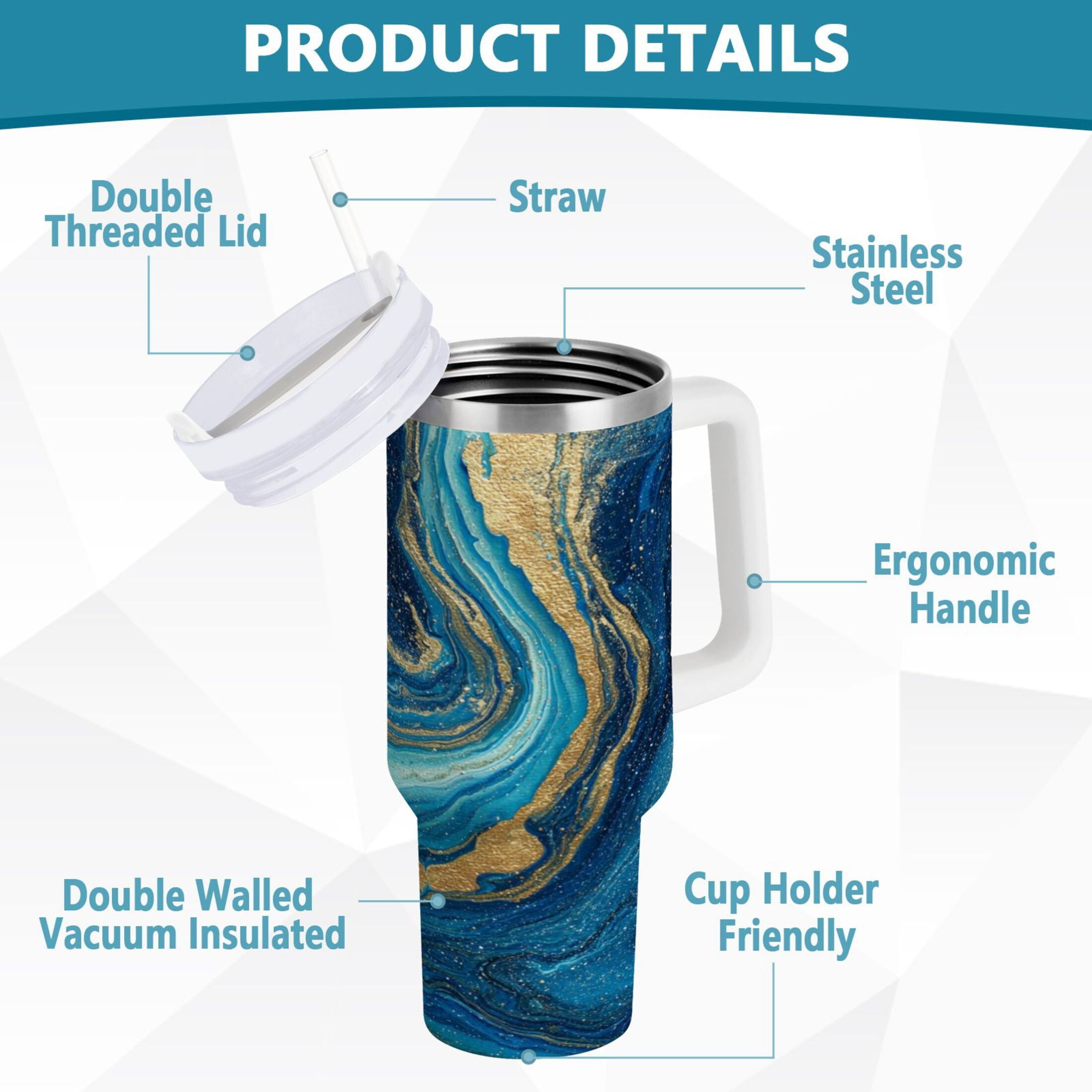 30 oz Insulated Stainless Steel Tumbler Double Wall Stainless Steel Tumbler with 2-Way Drinking Blue and Gold Ocean - Pick 357