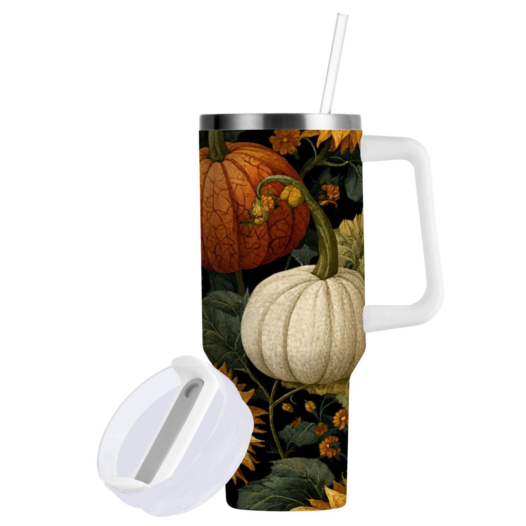 40 oz Insulated Stainless Steel Tumbler Double Wall Stainless Steel Tumbler with 2-Way Drinking Pumpkins and Sunflowers Pattern - Pick 154