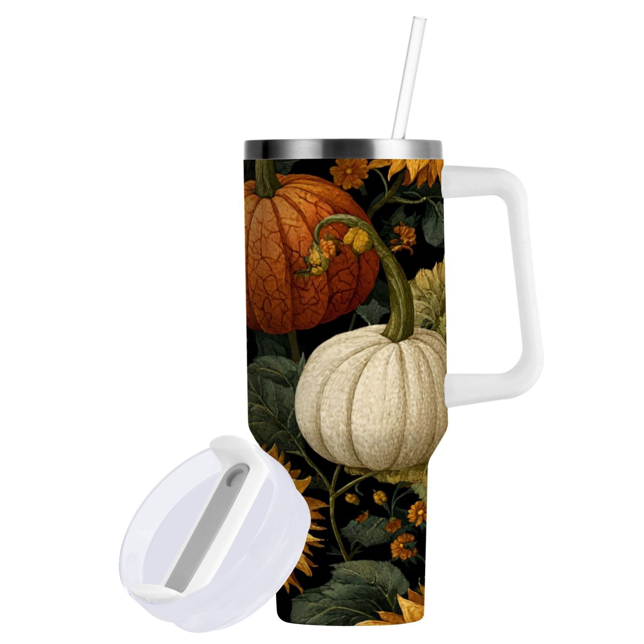 40 oz Insulated Stainless Steel Tumbler Double Wall Stainless Steel Tumbler with 2-Way Drinking Pumpkins and Sunflowers Pattern - Pick 154