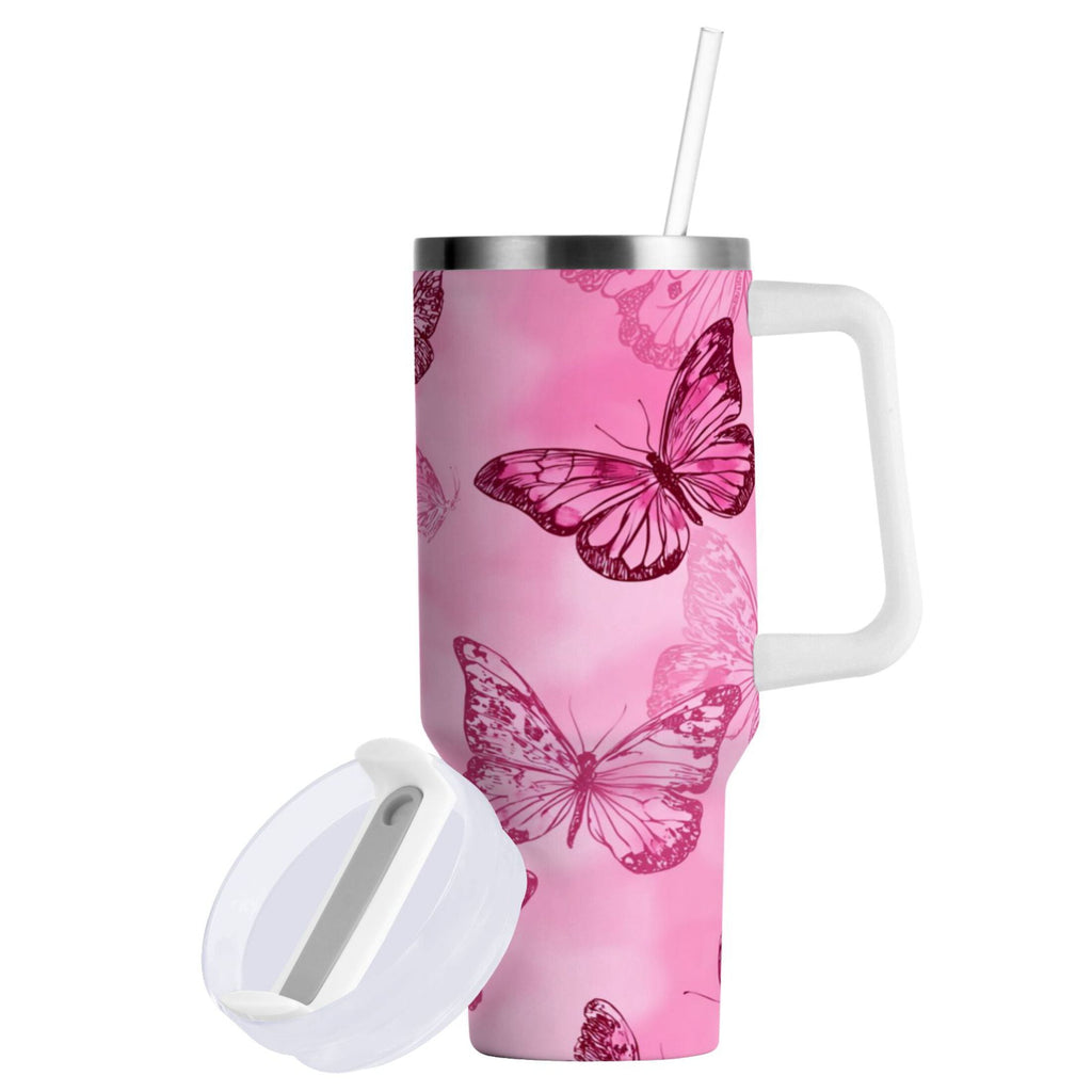 40 oz Insulated Stainless Steel Tumbler Double Wall Stainless Steel Tumbler with 2-Way Drinking Pink Butterfly Pattern - Pick 741