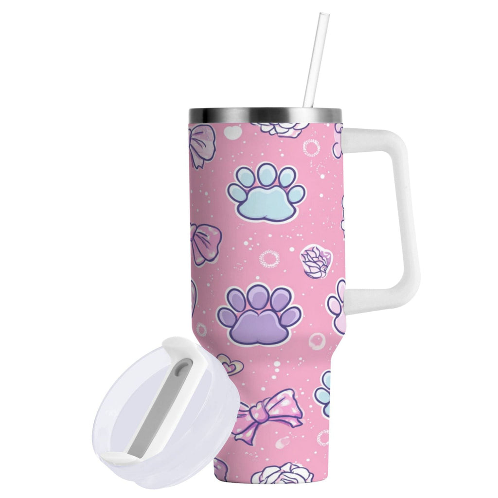30 oz Insulated Stainless Steel Tumbler Double Wall Stainless Steel Tumbler with 2-Way Drinking Dog Paw Prints and Bows - Pick 667