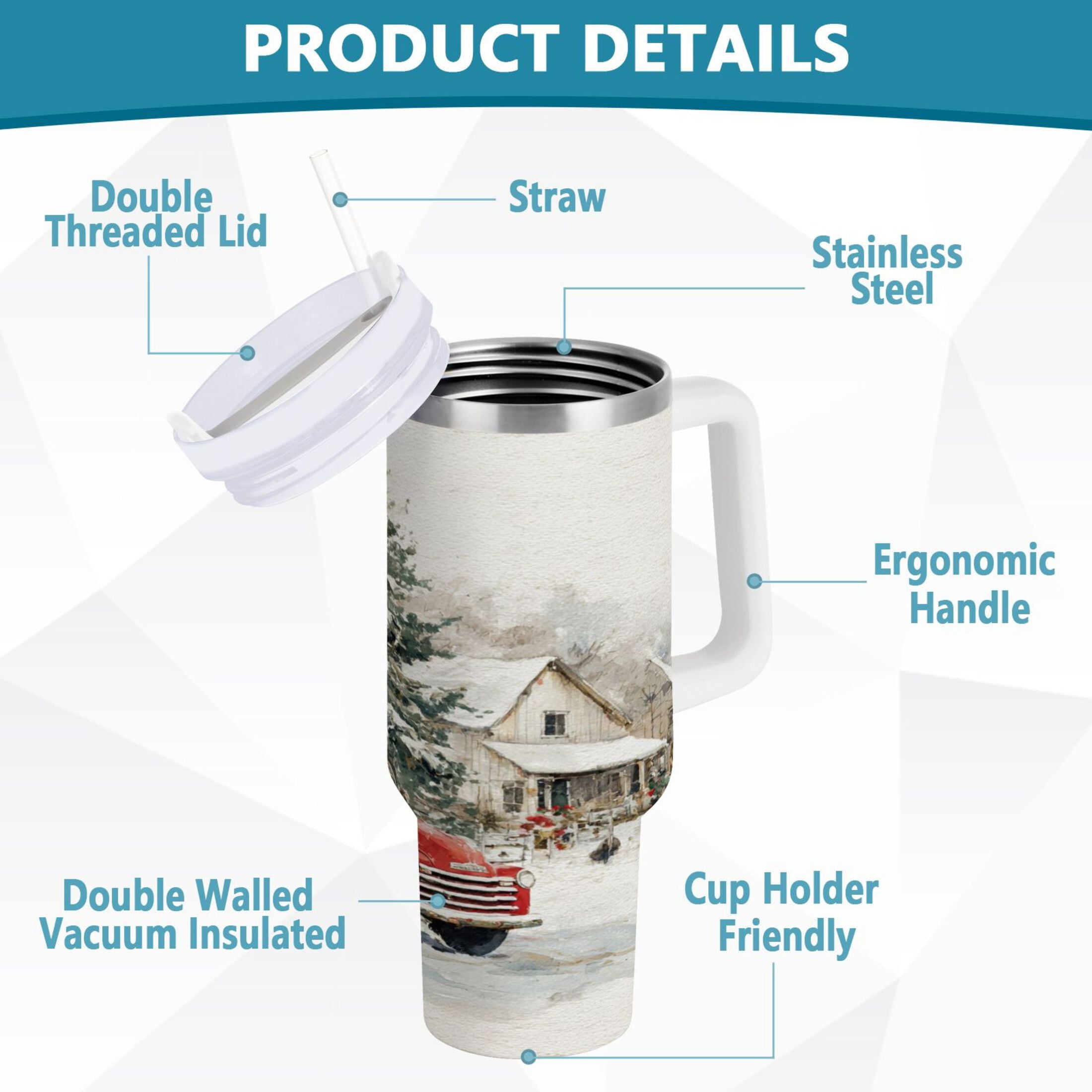 30 oz Insulated Stainless Steel Tumbler Double Wall Stainless Steel Tumbler with 2-Way Drinking Truck with Christmas Decorations - Pick 921