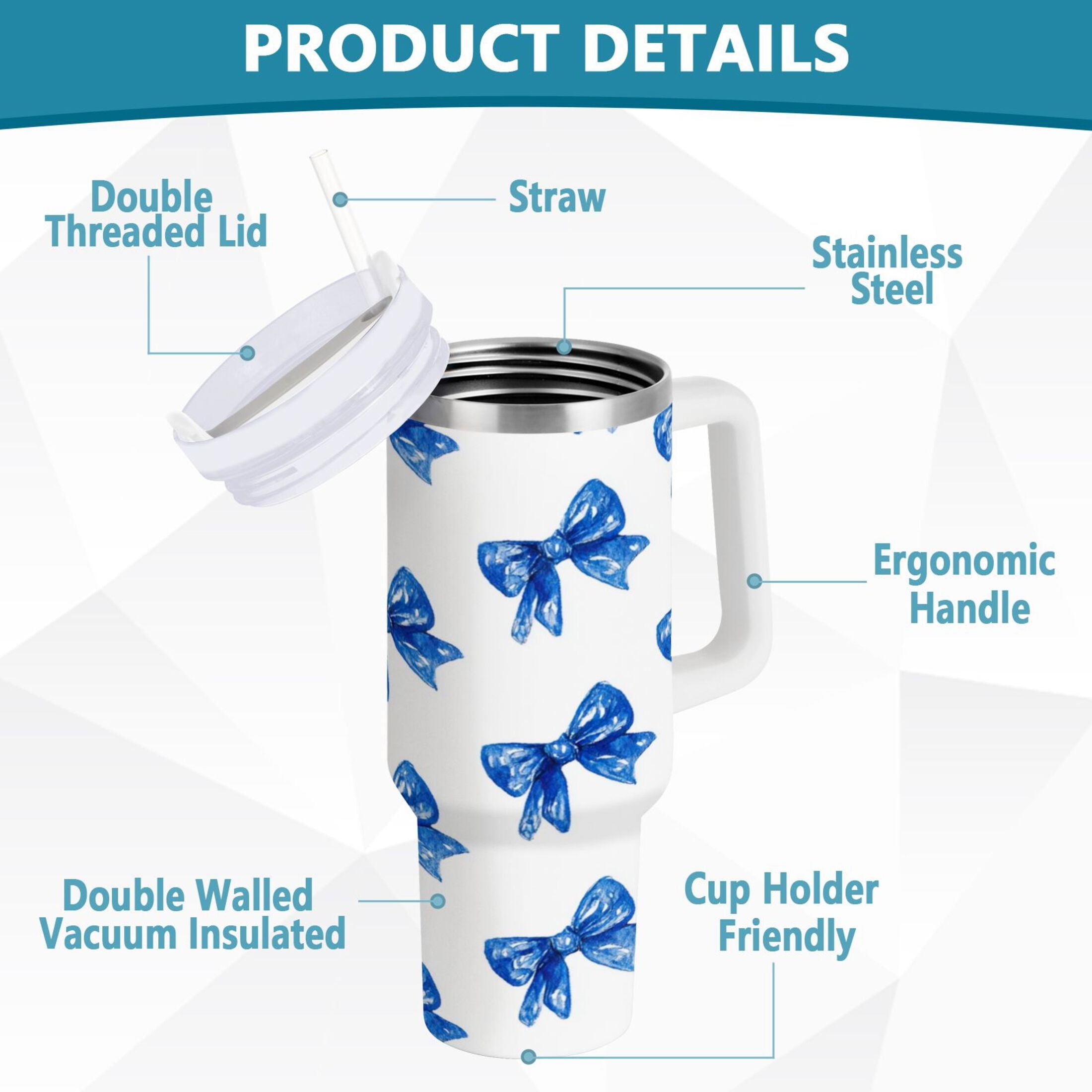 30 oz Insulated Stainless Steel Tumbler Double Wall Stainless Steel Tumbler with 2-Way Drinking Blue Bows Pattern - Pick 771