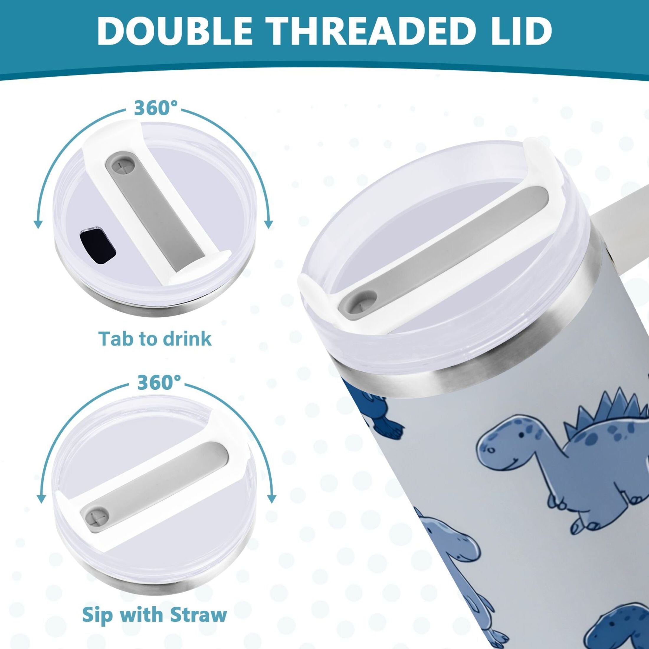 30 oz Insulated Stainless Steel Tumbler Double Wall Stainless Steel Tumbler with 2-Way Drinking Cute Blue Dinosaurs - Pick 295