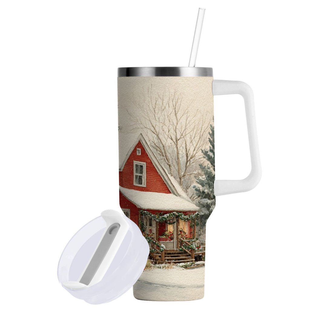 40 oz Insulated Stainless Steel Tumbler Double Wall Stainless Steel Tumbler with 2-Way Drinking House with Snow-covered Roof - Pick 374