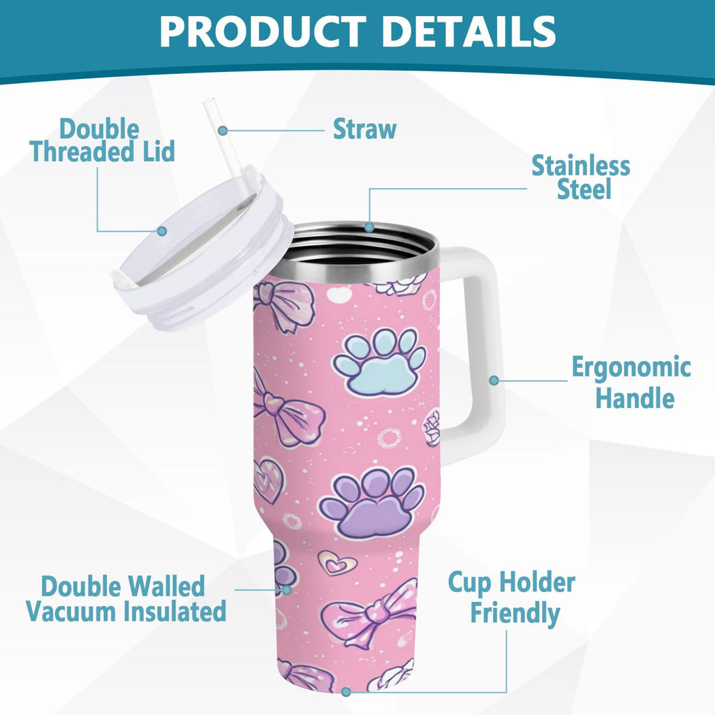 30 oz Insulated Stainless Steel Tumbler Double Wall Stainless Steel Tumbler with 2-Way Drinking Dog Paw Prints and Bows - Pick 667