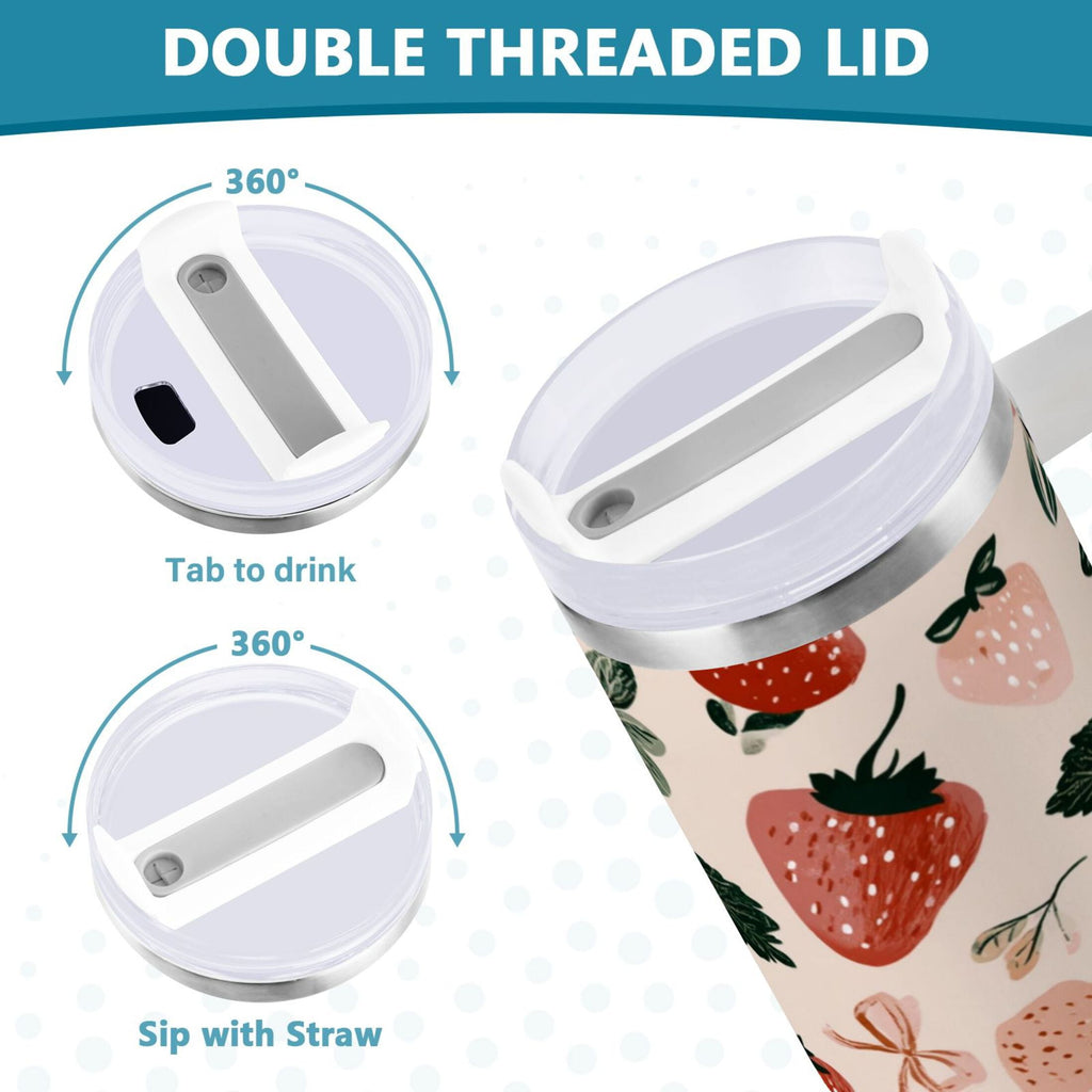 30 oz Insulated Stainless Steel Tumbler Double Wall Stainless Steel Tumbler with 2-Way Drinking Cute Pinks Strawberries - Pick 262