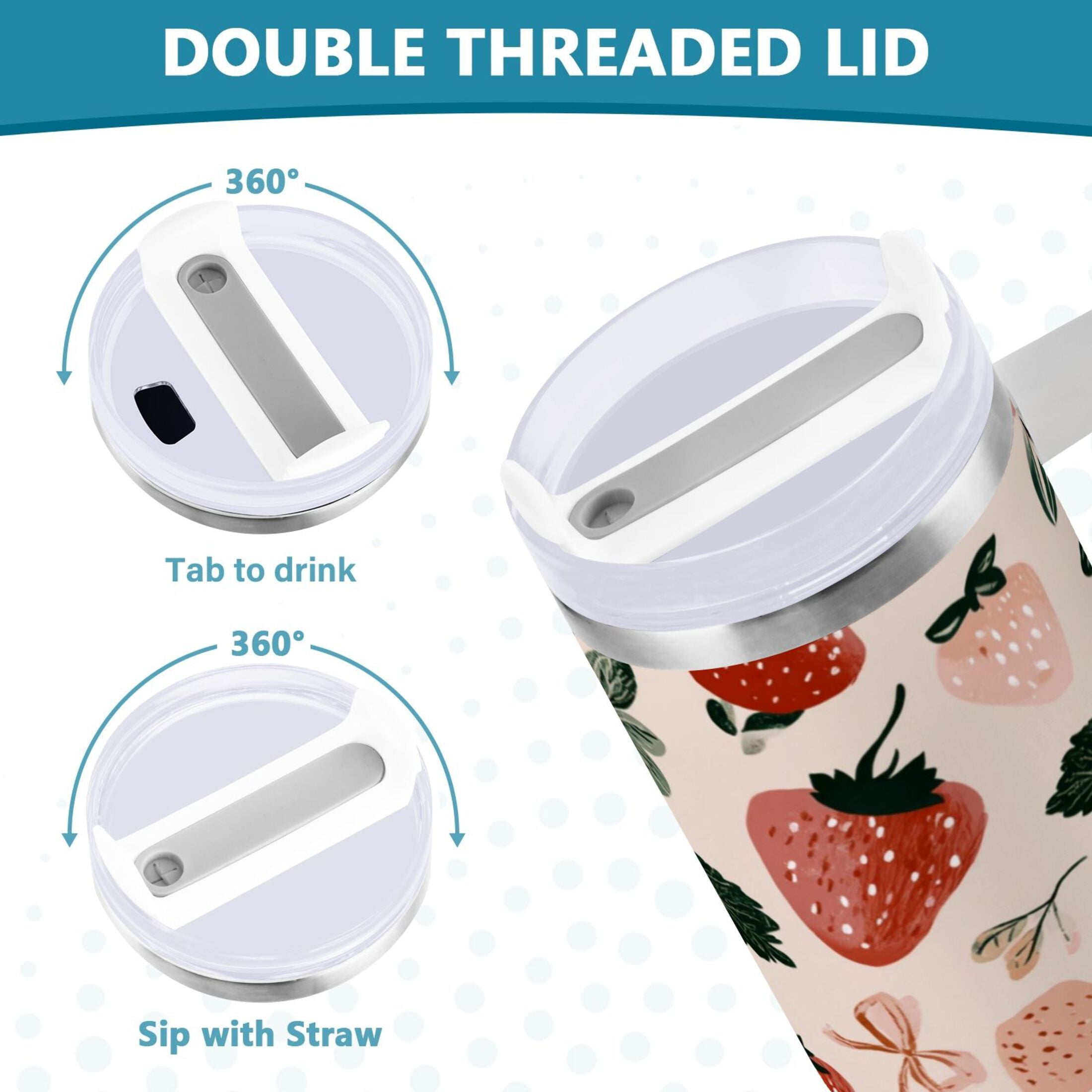 30 oz Insulated Stainless Steel Tumbler Double Wall Stainless Steel Tumbler with 2-Way Drinking Cute Pinks Strawberries - Pick 262