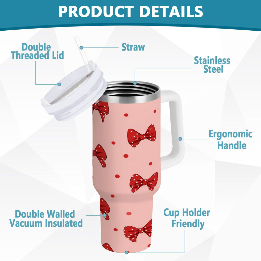 40 oz Insulated Stainless Steel Tumbler Double Wall Stainless Steel Tumbler with 2-Way Drinking Red Bows and Polka Dots - Pick 708