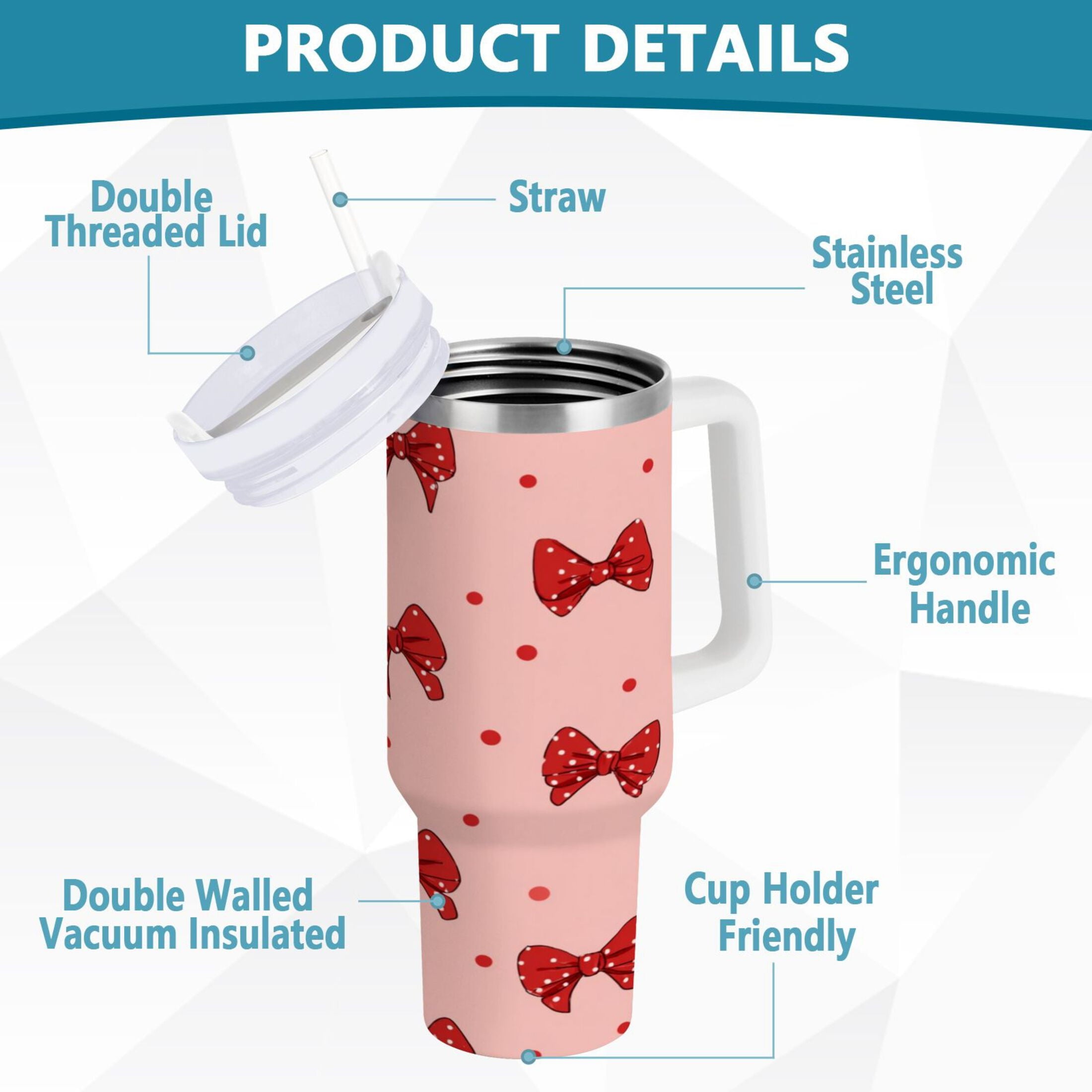 40 oz Insulated Stainless Steel Tumbler Double Wall Stainless Steel Tumbler with 2-Way Drinking Red Bows and Polka Dots - Pick 708