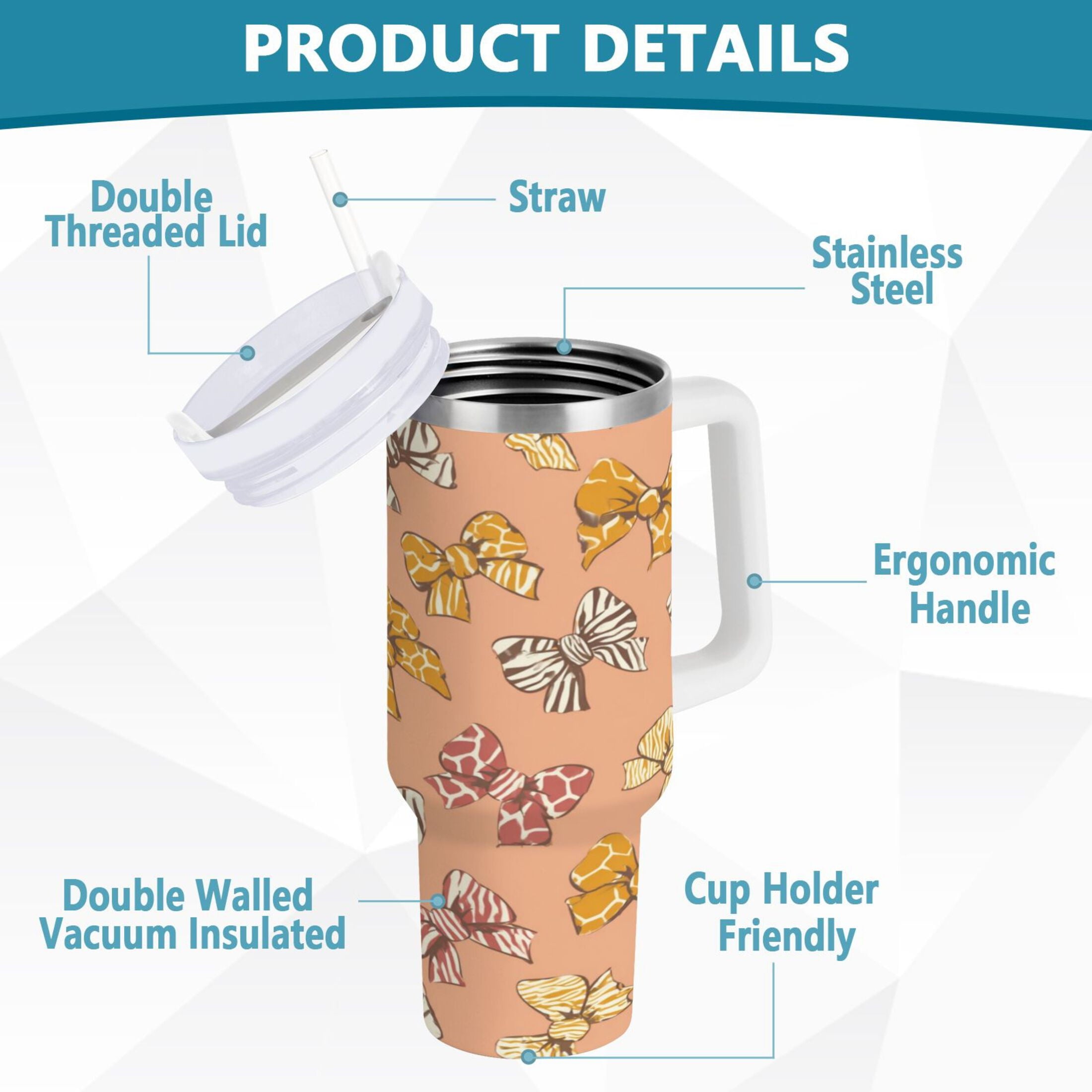 40 oz Insulated Stainless Steel Tumbler Double Wall Stainless Steel Tumbler with 2-Way Drinking Cute Animal Print Bows - Pick 695