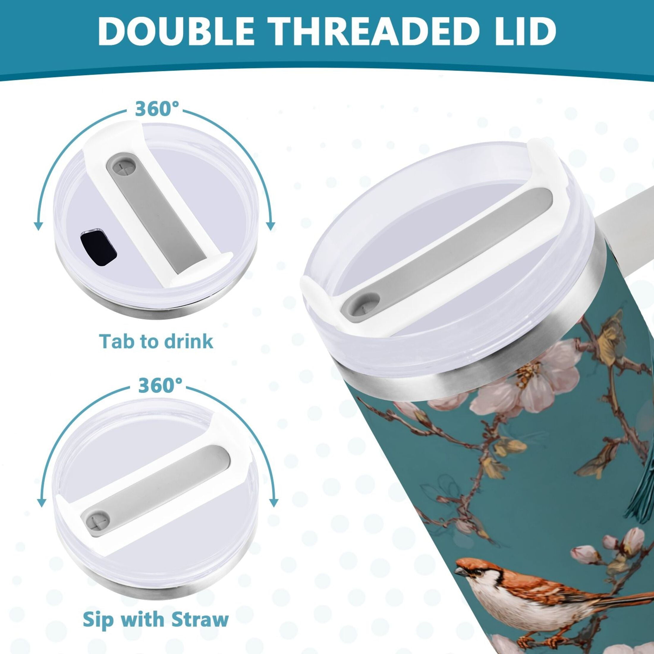 30 oz Insulated Stainless Steel Tumbler Double Wall Stainless Steel Tumbler with 2-Way Drinking Birds and Cherry Pattern - Pick 725