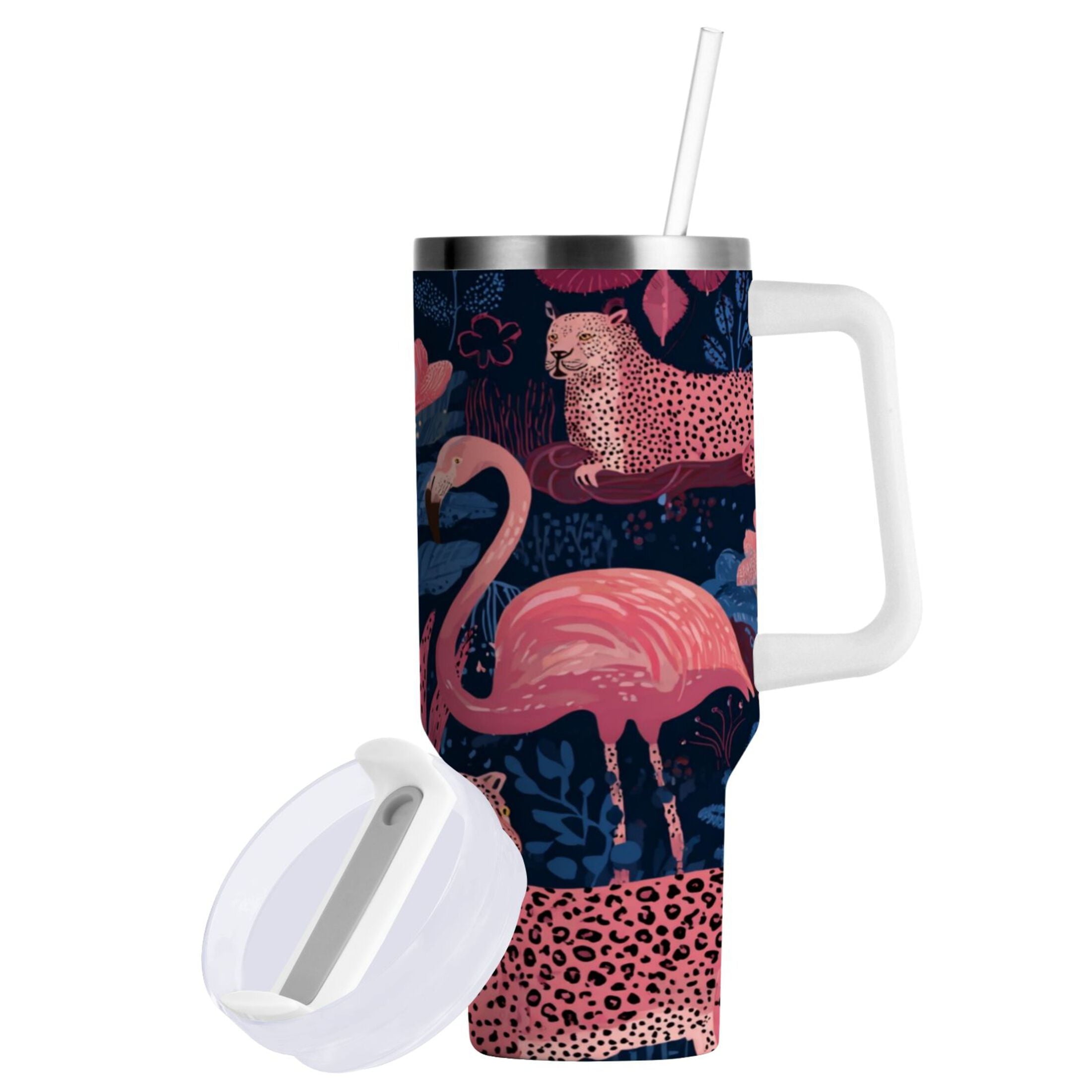 30 oz Insulated Stainless Steel Tumbler Double Wall Stainless Steel Tumbler with 2-Way Drinking Flamingos and Leopard Print - Pick 493