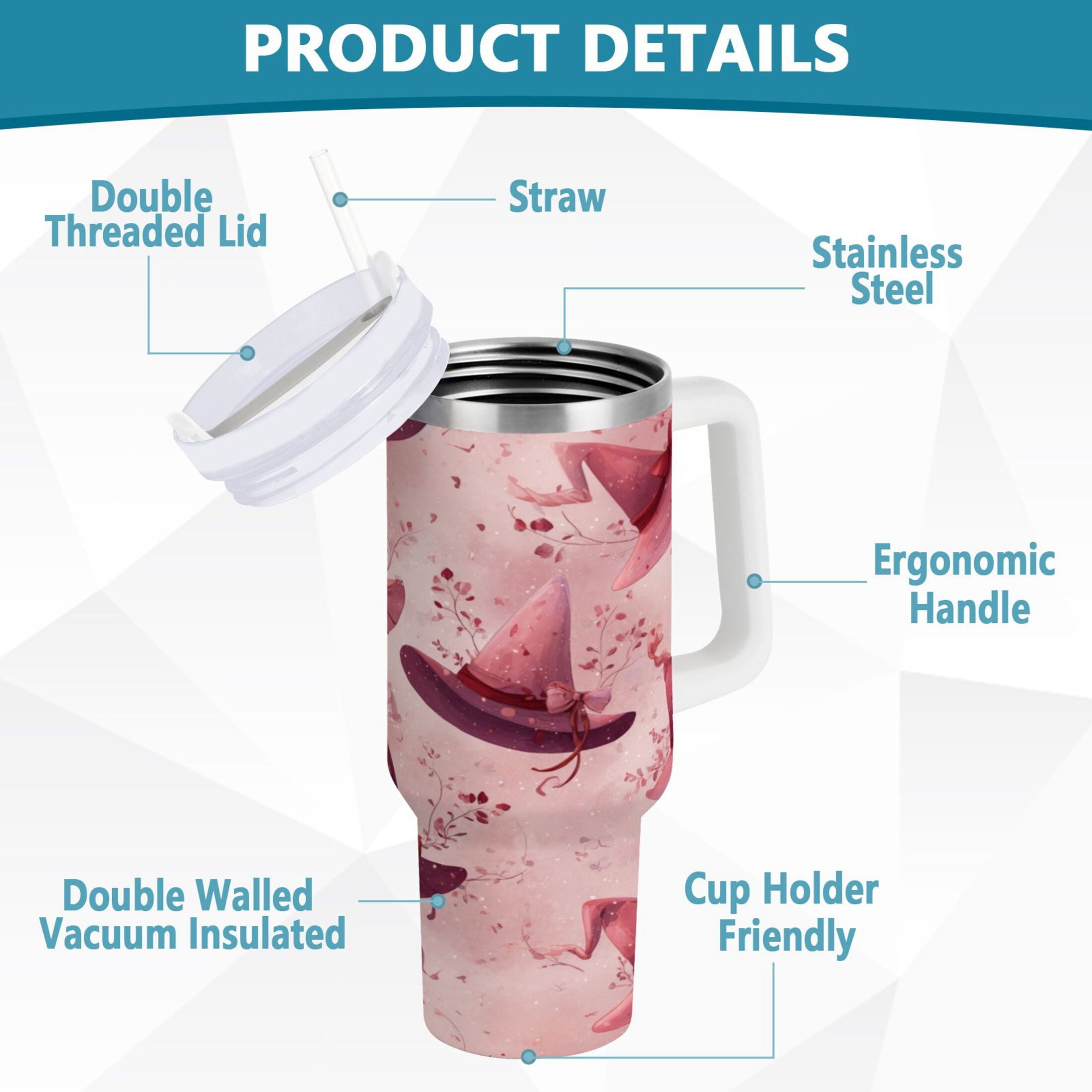 30 oz Insulated Stainless Steel Tumbler Double Wall Stainless Steel Tumbler with 2-Way Drinking Hats with Delicate Bows - Pick 670