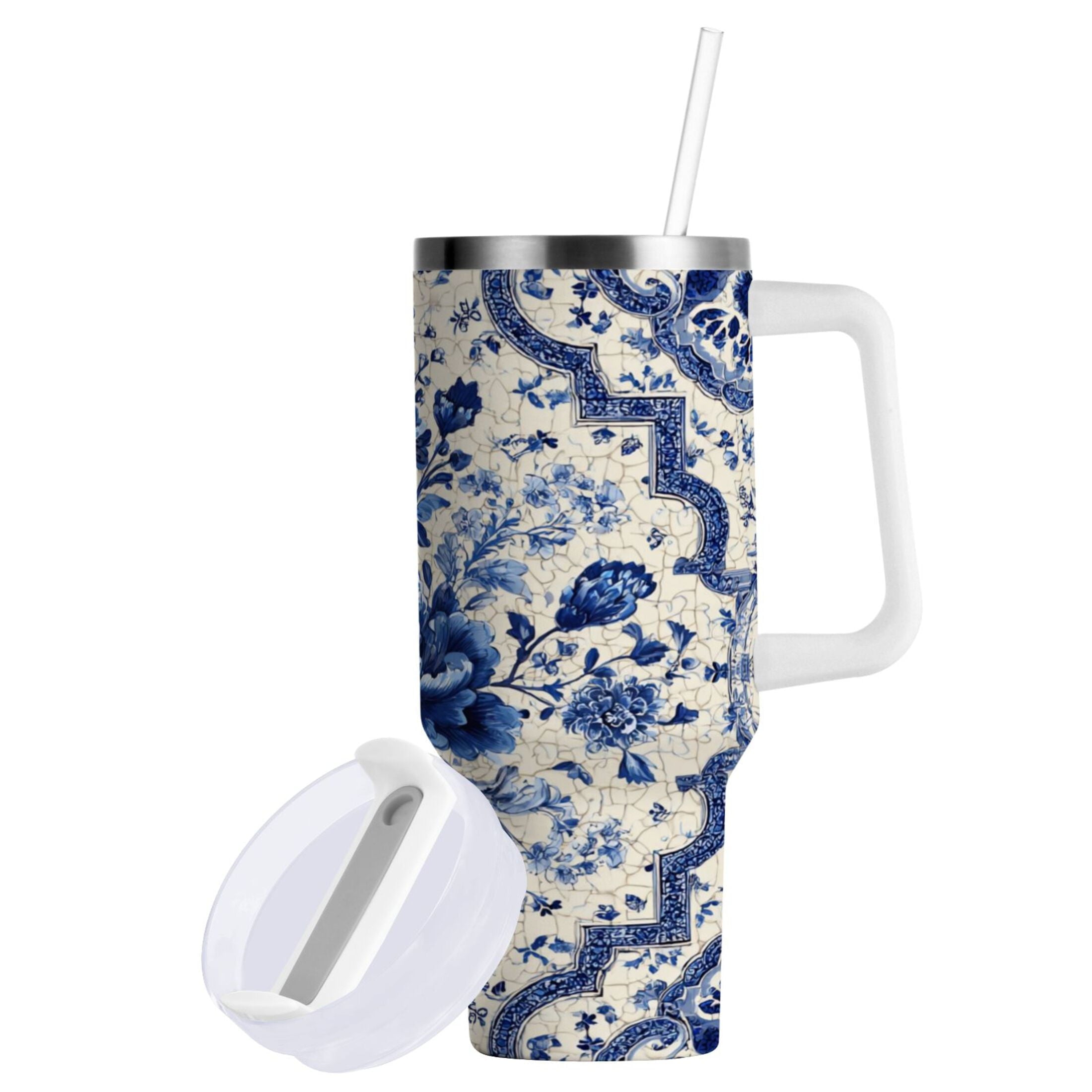 30 oz Insulated Stainless Steel Tumbler Double Wall Stainless Steel Tumbler with 2-Way Drinking Blue and White Porcelain-style - Pick 882
