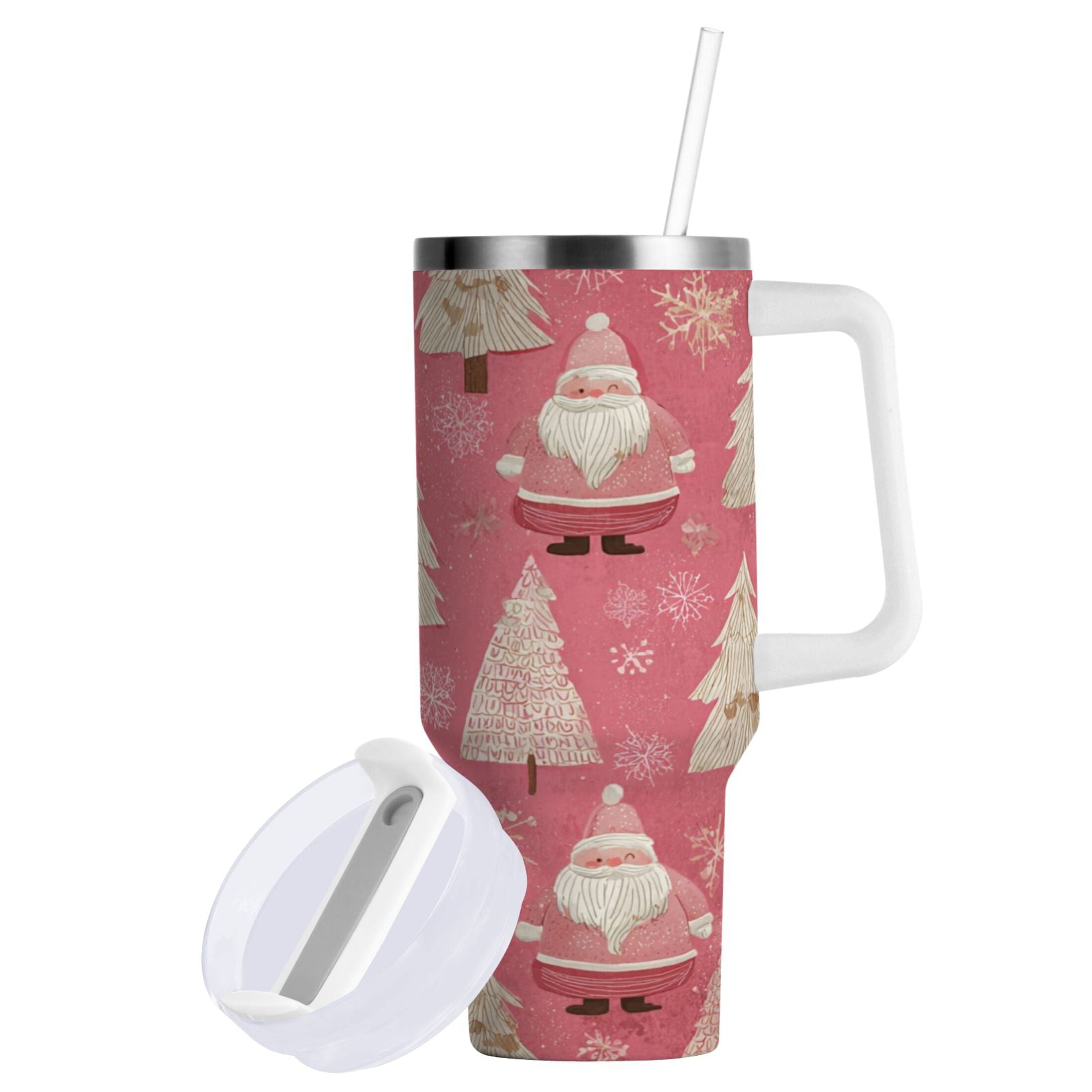 40 oz Insulated Stainless Steel Tumbler Double Wall Stainless Steel Tumbler with 2-Way Drinking Pink Santa Claus Pattern - Pick 638