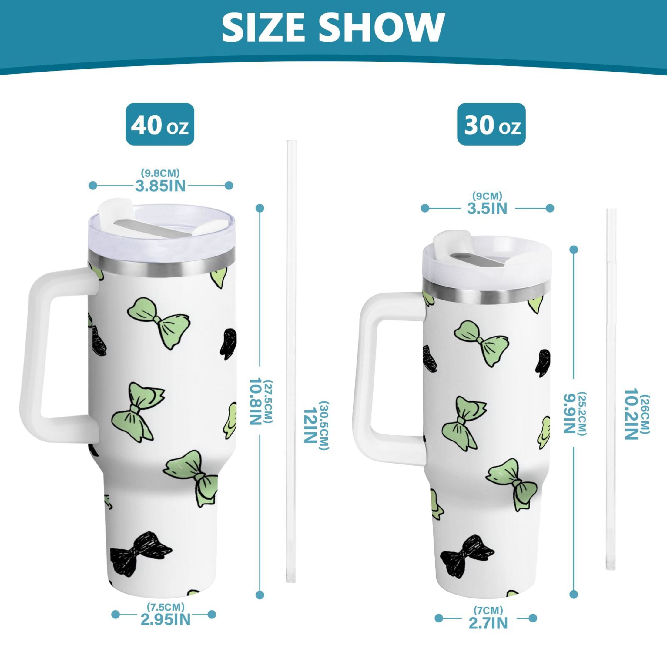 40 oz Insulated Stainless Steel Tumbler Double Wall Stainless Steel Tumbler with 2-Way Drinking Green and Black Bows - Pick 507