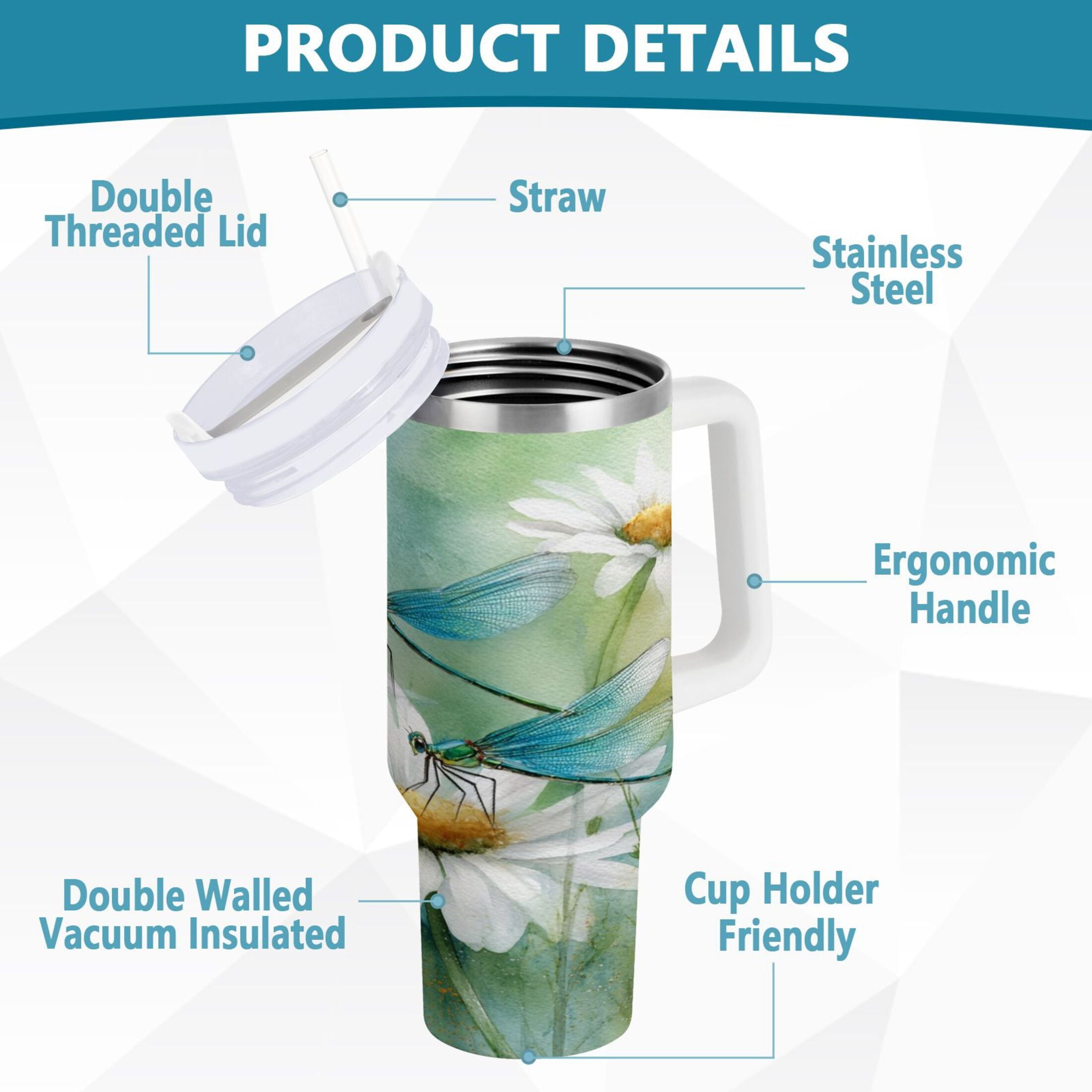 30 oz Insulated Stainless Steel Tumbler Double Wall Stainless Steel Tumbler with 2-Way Drinking Beautiful Dragonflies and Daisies - Pick 172