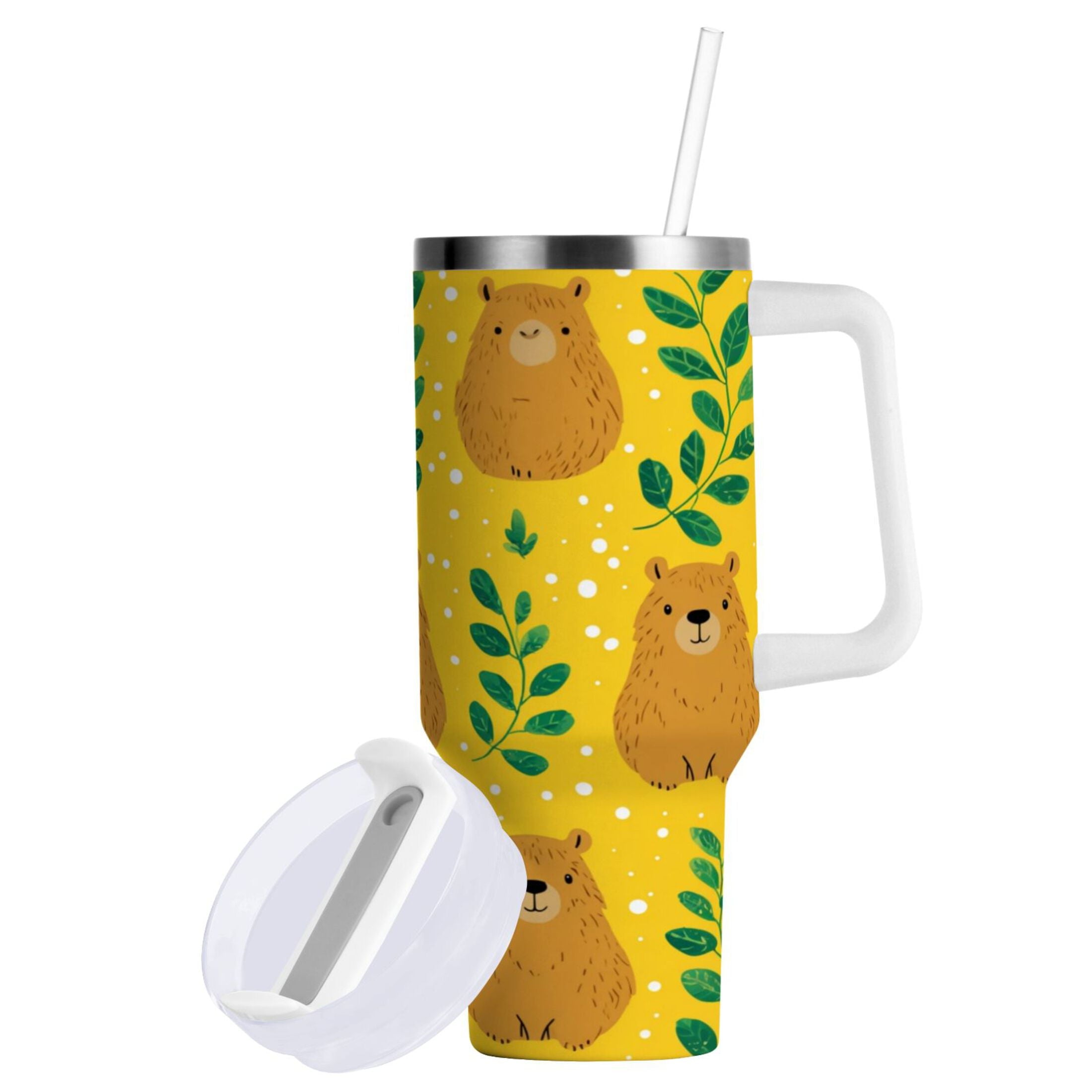 30 oz Insulated Stainless Steel Tumbler Double Wall Stainless Steel Tumbler with 2-Way Drinking Capybara and Green Leaves - Pick 608